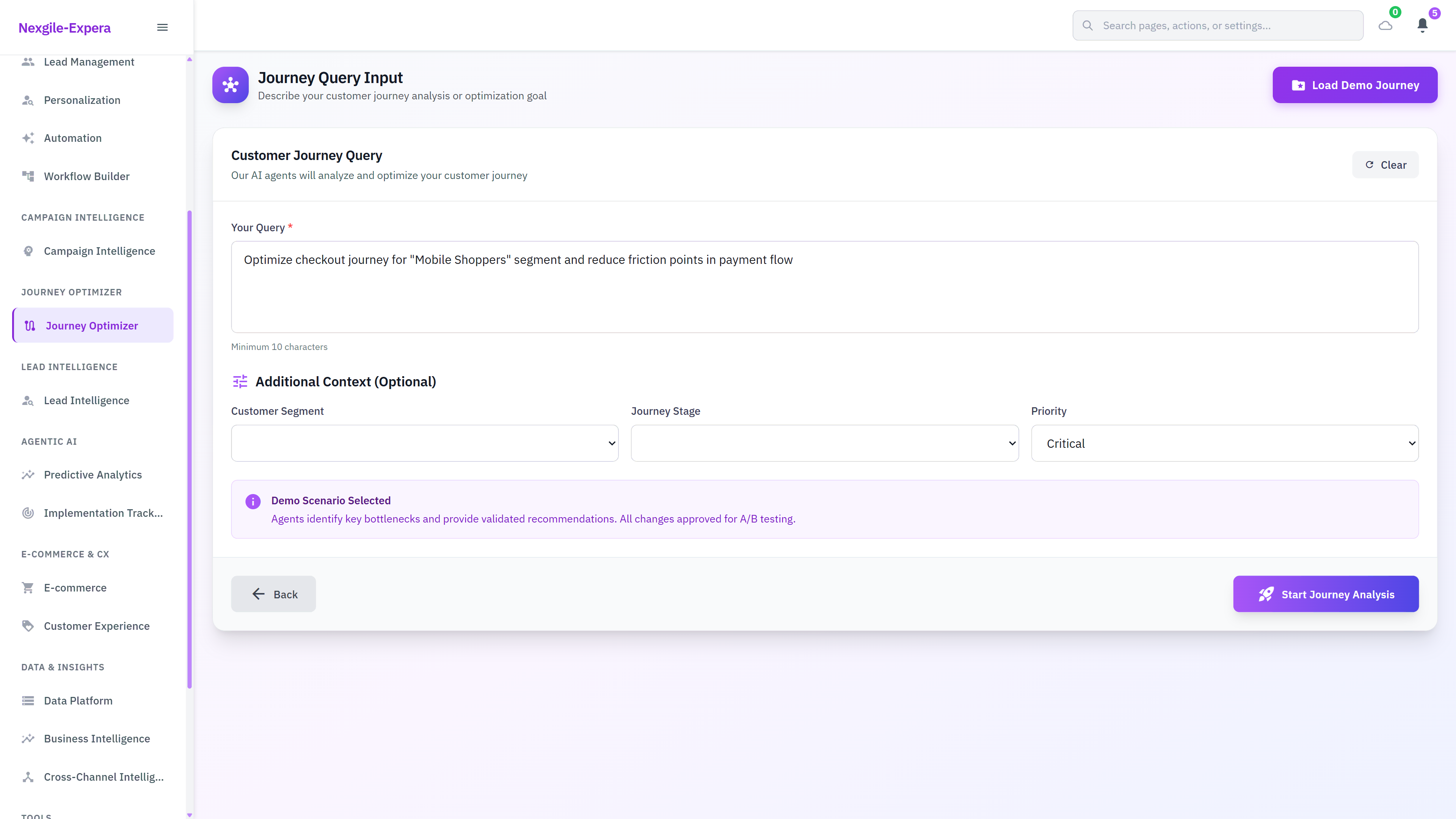 Journey Query Input - Customer journey optimization interface for defining analysis goals with context fields for segment targeting and friction point reduction