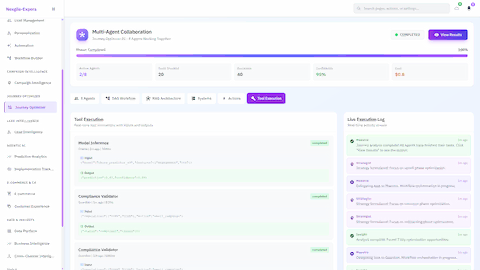 Tool Execution Log - Completed Model Inference and Compliance Validator tasks displaying detailed input/output parameters and execution history