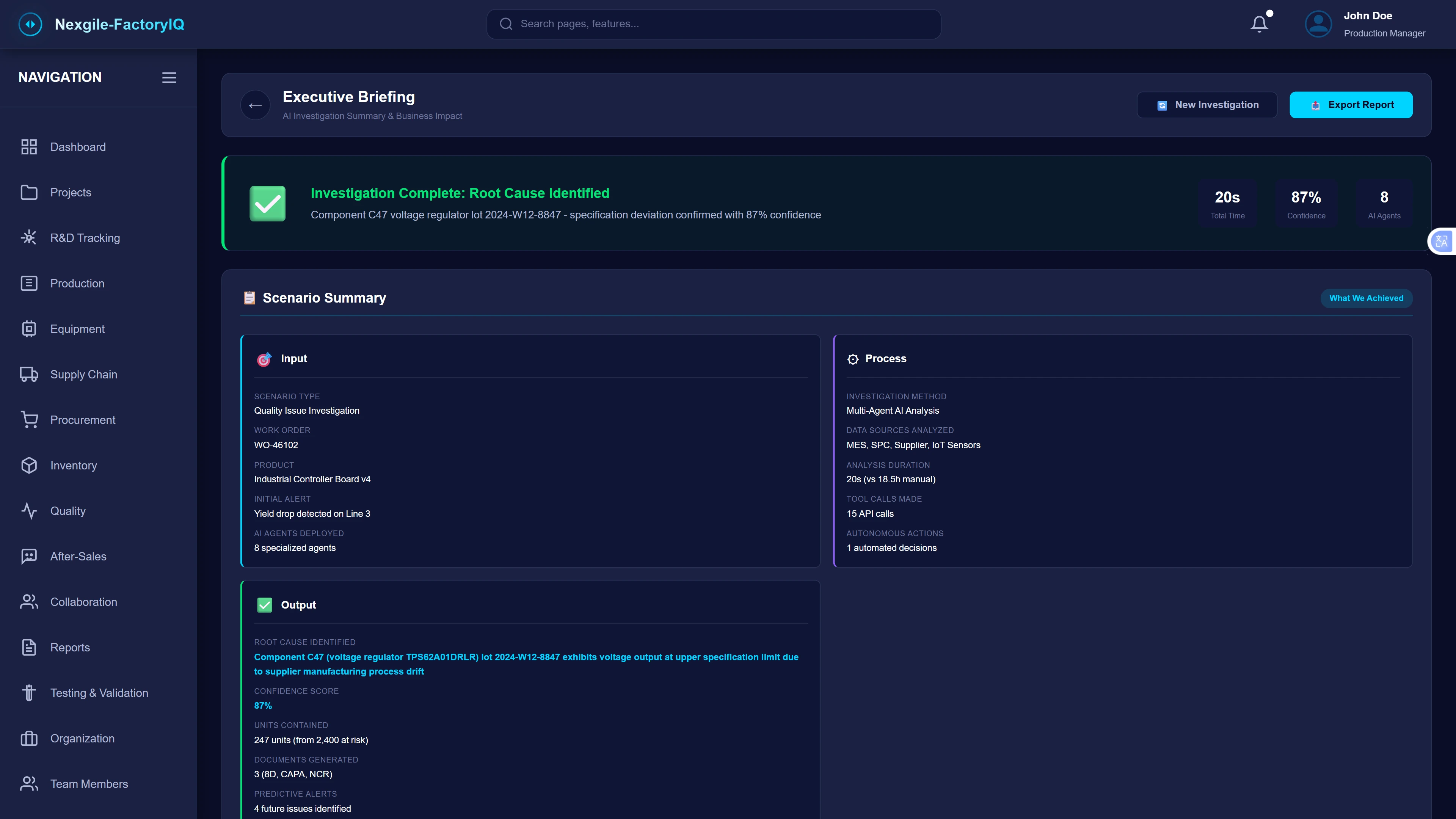 Executive Briefing Summary - AI-generated investigation summary showing completion in 20 seconds with 87% confidence using 8 specialized agents. The scenario summary presents structured input (quality issue investigation for work order WO-46102, Industrial Controller Board v4, yield drop on Line 3), process methodology (multi-agent AI analysis of MES, SPC, supplier and IoT sensor data in 20 seconds vs 18.5h manual, with 15 API calls and 1 automated decision), and output results (root cause identified, 87% confidence score, 247 units contained, 3 compliance documents generated including 8D, CAPA, and NCR, plus 4 future issue predictions).