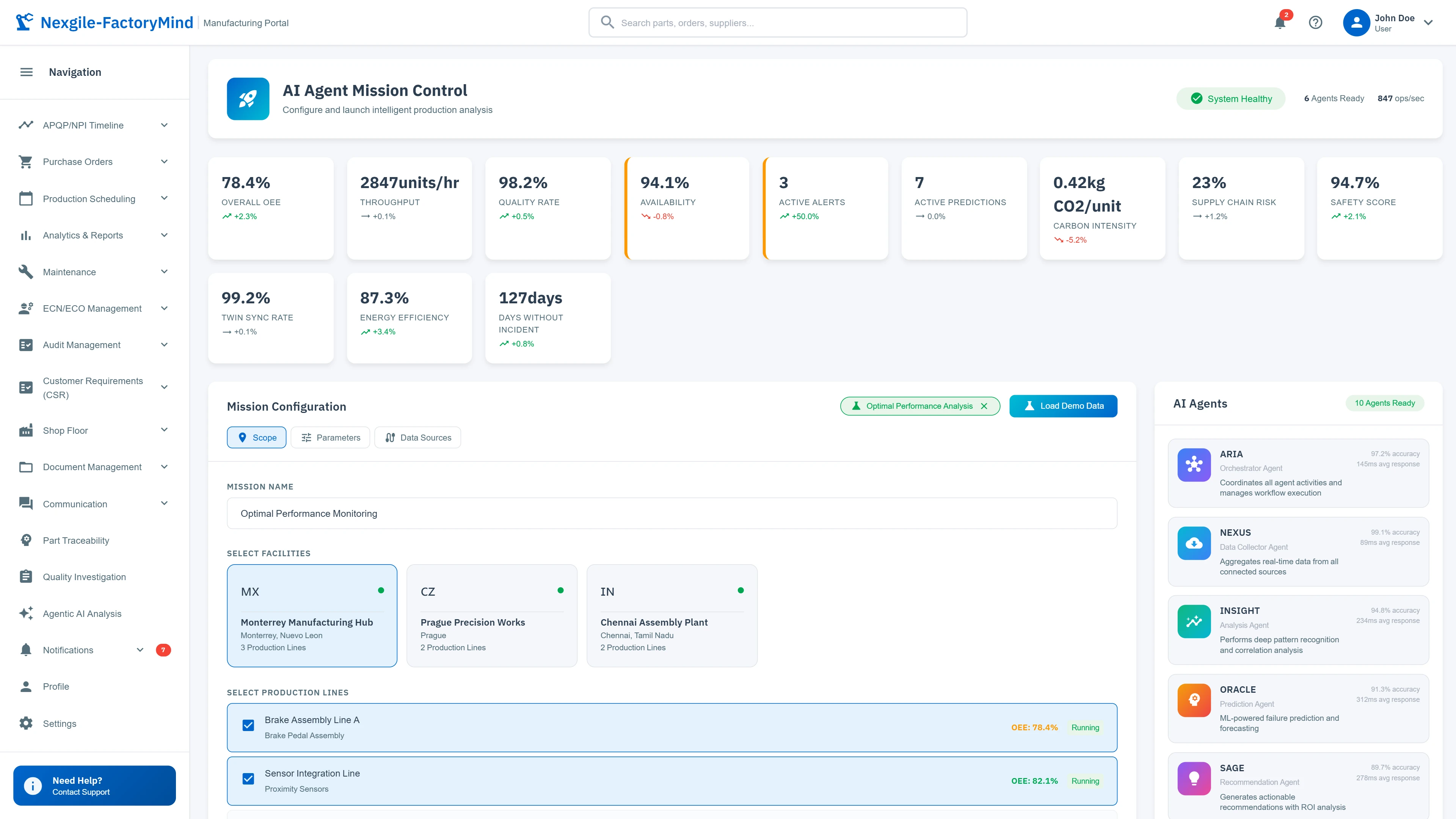 Mission Control dashboard with KPIs, facility selection, and AI agent status panel