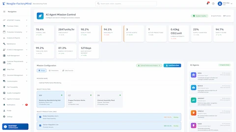 Mission Control dashboard with KPIs, facility selection, and AI agent status panel