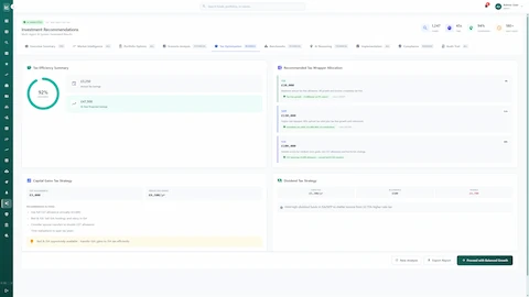 Tax Optimization dashboard showing 92% efficiency score with £3,250 annual savings and £47,500 10-year projected savings, recommended ISA/SIPP/GIA wrapper allocations, capital gains tax strategies utilizing £3,000 CGT allowance, and dividend tax shelter recommendations