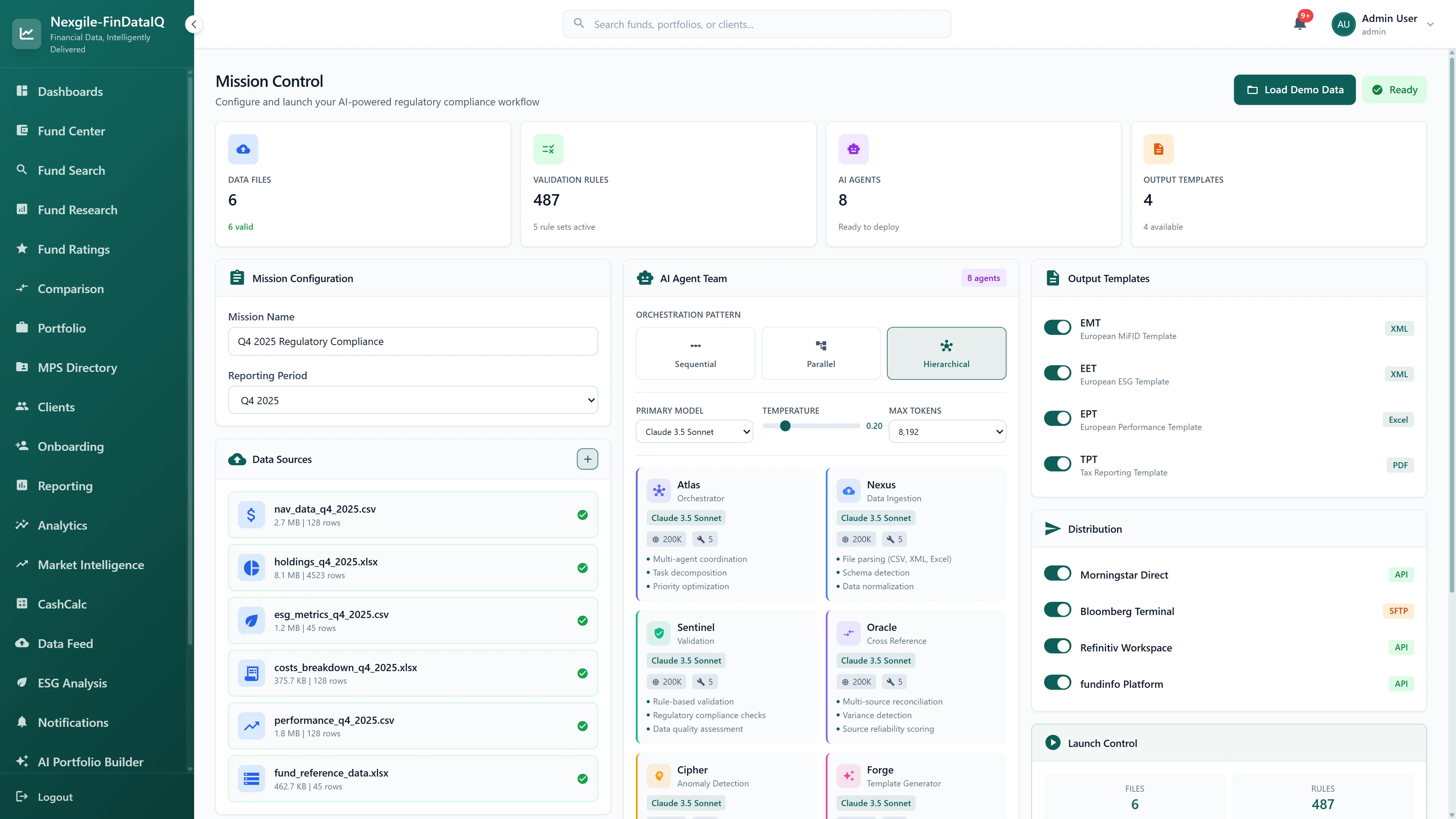 Mission Control configuration interface for AI-powered regulatory compliance workflow displaying 6 data files, 487 validation rules, 8 AI agents (Atlas, Nexus, Sentinel, Oracle, Cipher, Forge), output templates (EMT, EET, EPT, TPT), and distribution channels to Morningstar Direct, Bloomberg Terminal, and Refinitiv