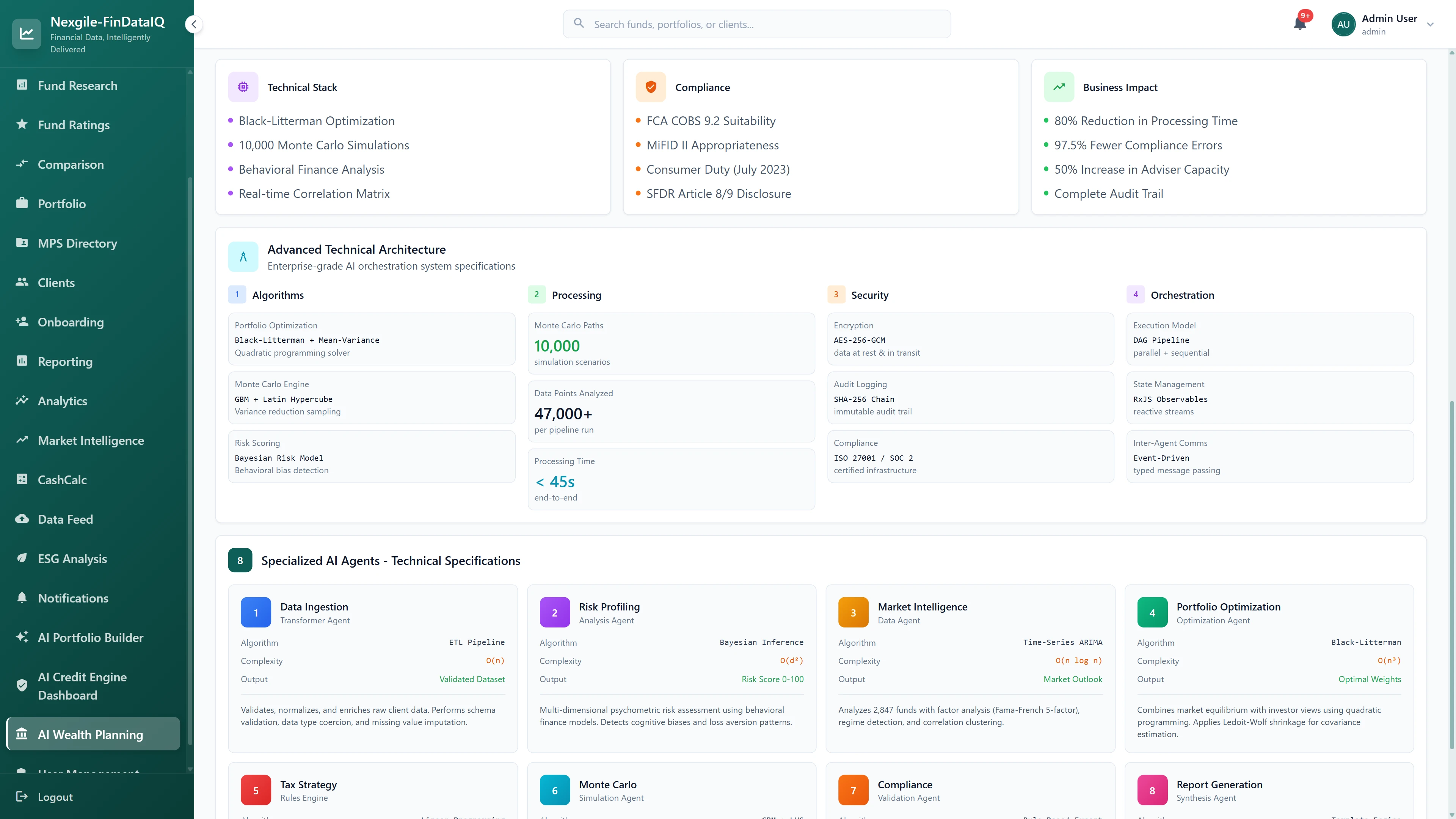 Technical Details view showing advanced architecture with Black-Litterman and Mean-Variance optimization algorithms, 10,000 Monte Carlo paths processed in under 45 seconds, AES-256-GCM encryption, ISO 27001/SOC 2 compliance, 8 specialized AI agents with individual algorithm specifications and complexity analysis