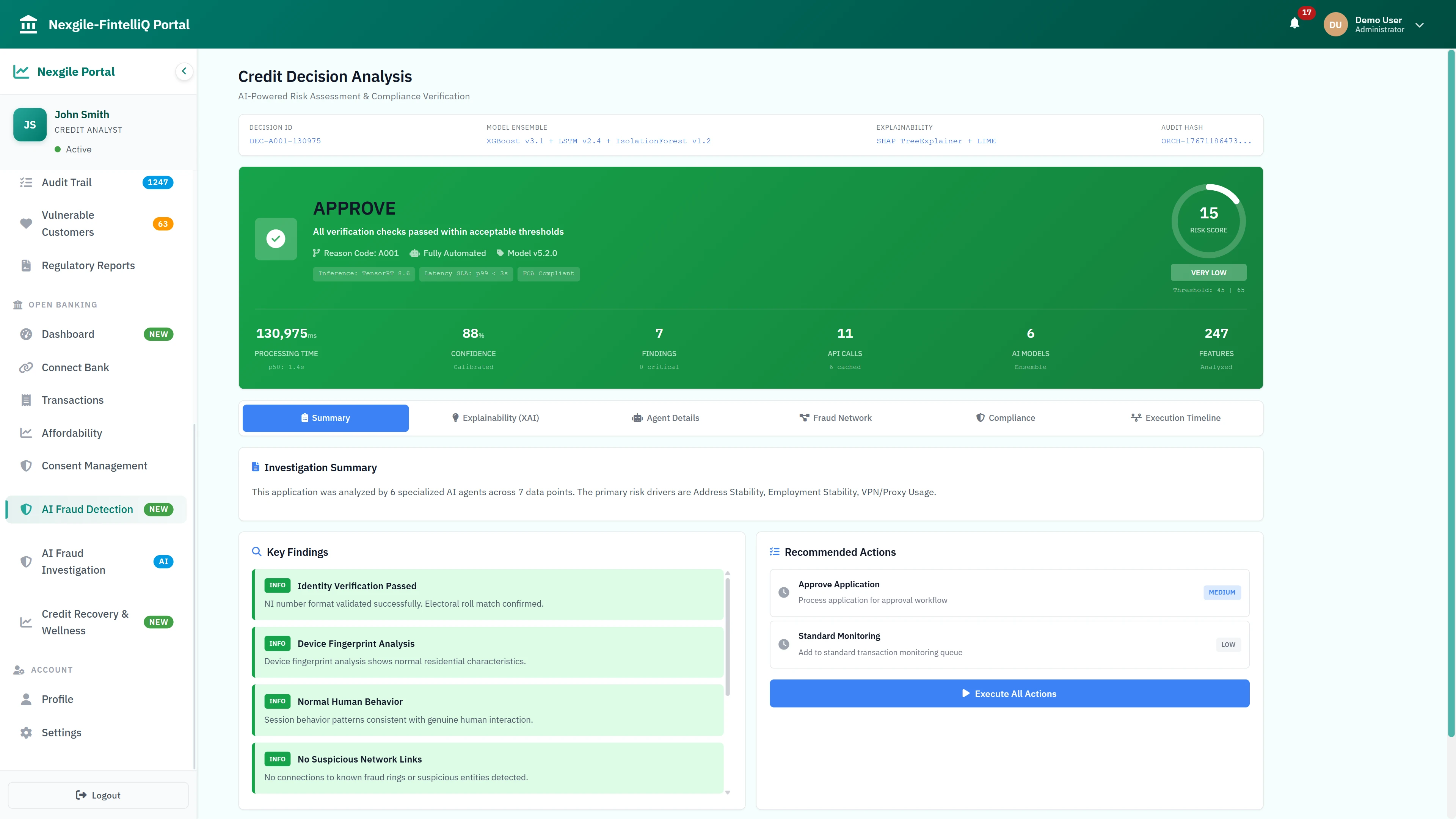 Credit Decision Analysis - APPROVE decision with risk score 15, comprehensive investigation summary, key findings, and recommended actions