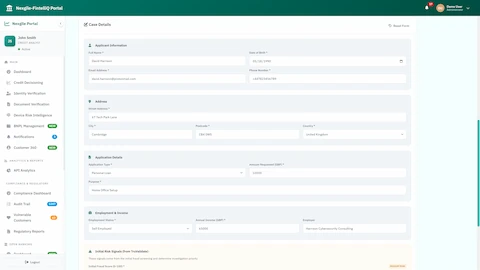 Fraud Case Details - Comprehensive case intake form capturing applicant information, address, application details, employment data, and initial risk signals