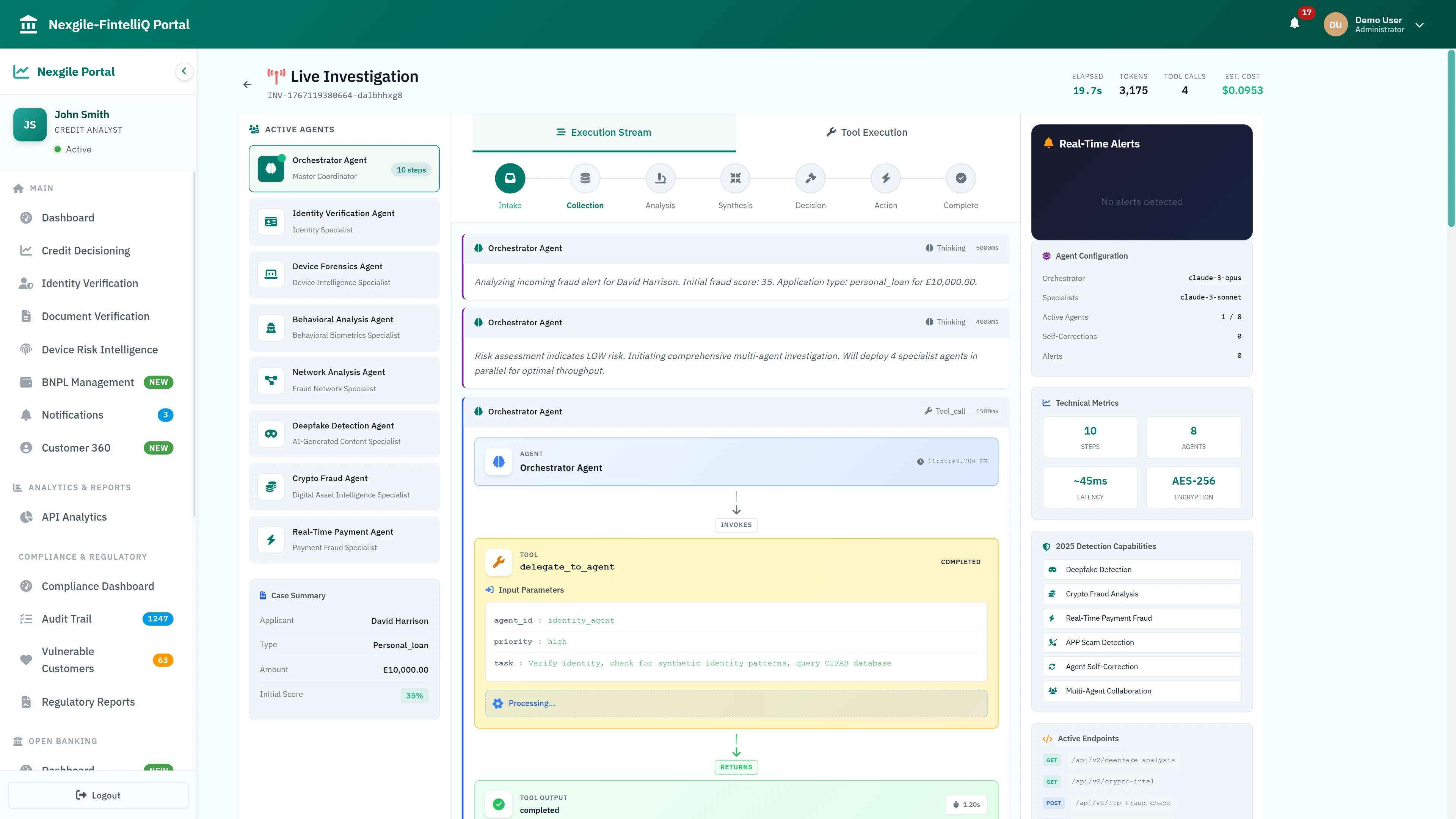 Live Investigation Console - Real-time multi-agent investigation with 8 specialized agents, execution stream showing 7 investigation phases, and technical metrics