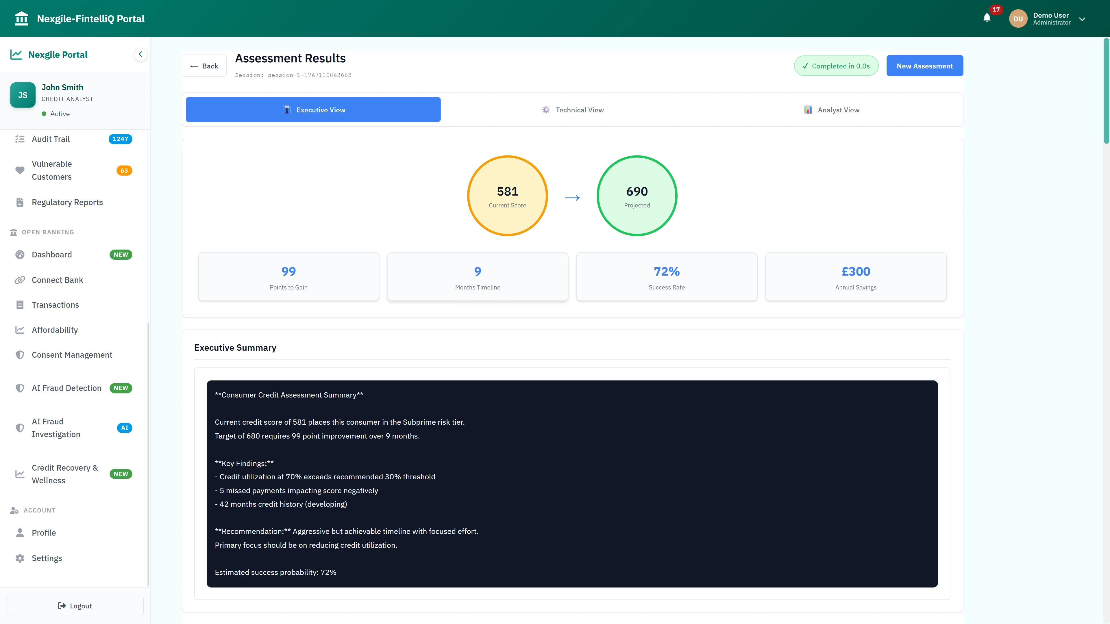 Assessment Results Executive View - Credit score improvement projection from 581 to 690, showing 99 points to gain over 9 months timeline, 72% success rate, and £300 annual savings