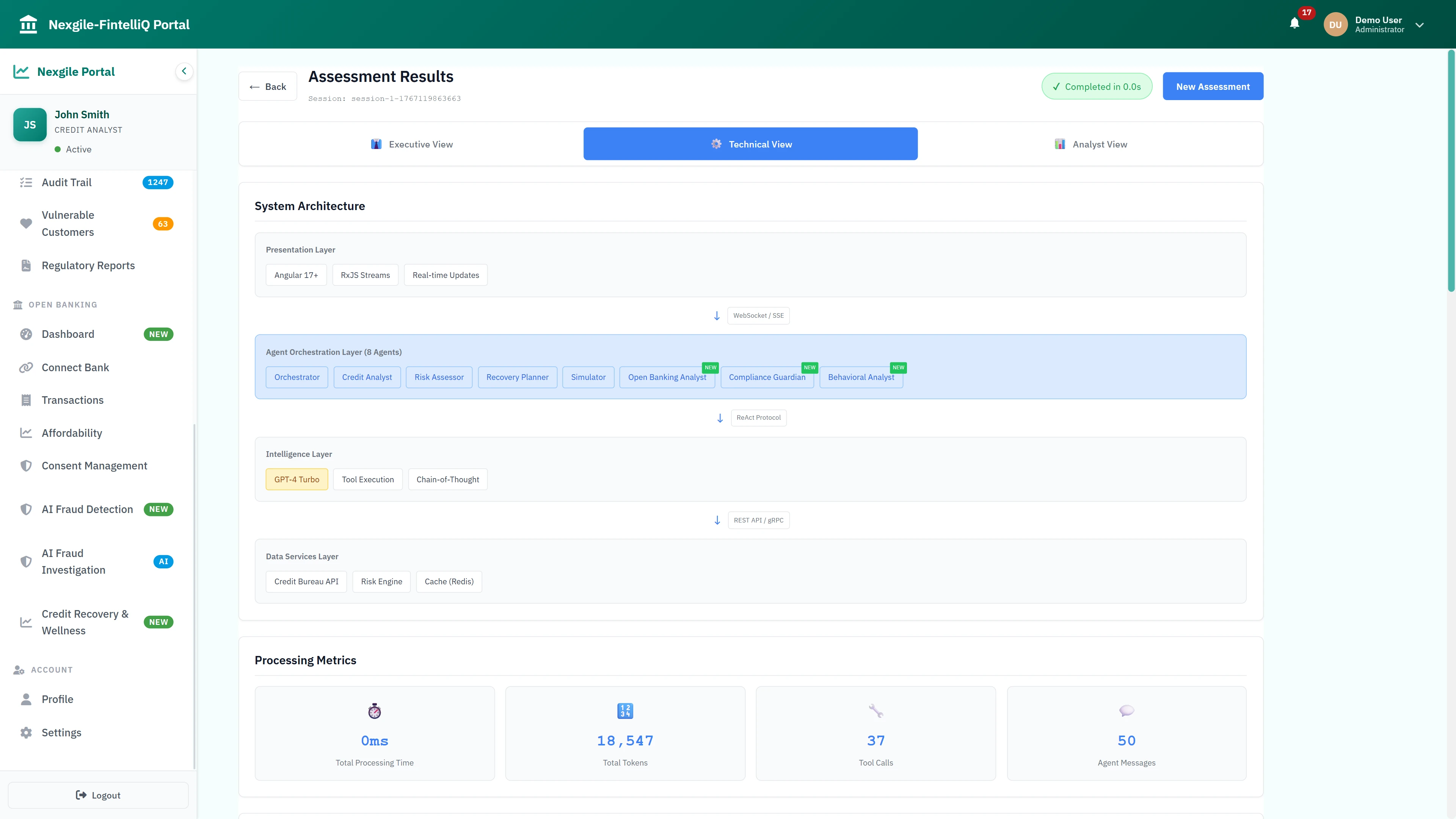 Assessment Results Technical View - System architecture diagram showing presentation layer, 8-agent orchestration layer, GPT-4 Turbo intelligence layer, and processing metrics