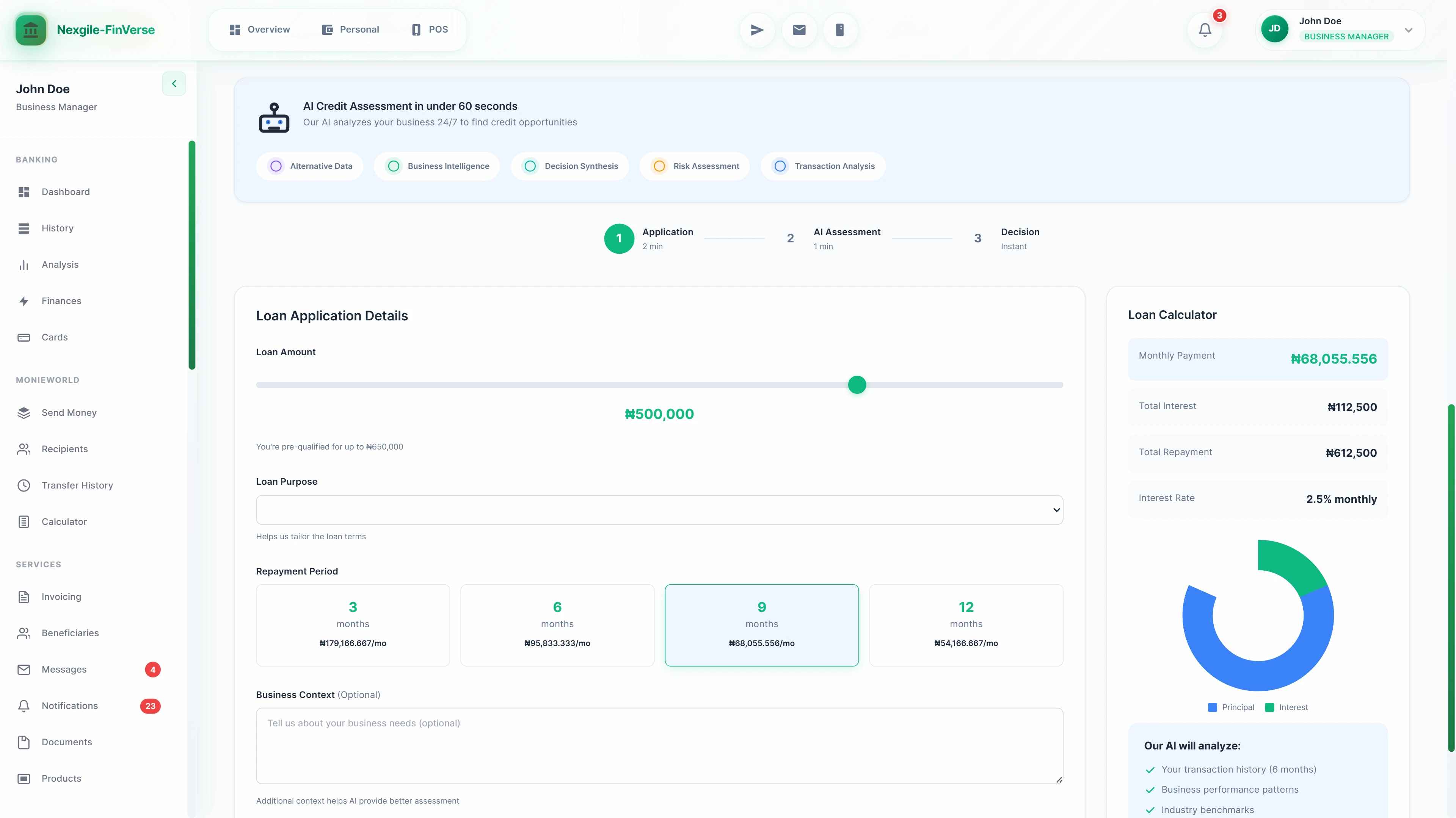 Loan application form with amount slider (₦500,000), repayment period selection (3-12 months), real-time loan calculator displaying monthly payment, total interest, and repayment breakdown, plus AI analysis indicators for transaction history and business benchmarks