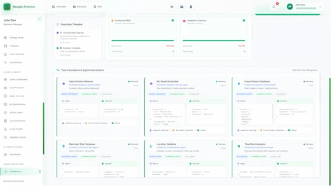 Tool Invocations and Agent Interactions view showing real-time tool calling trace with detailed input/output JSON for False Positive Reducer, ML Model Ensemble, Fraud Pattern Database, Merchant Risk Database, Location Validator, and Time Risk Evaluator with confidence percentages