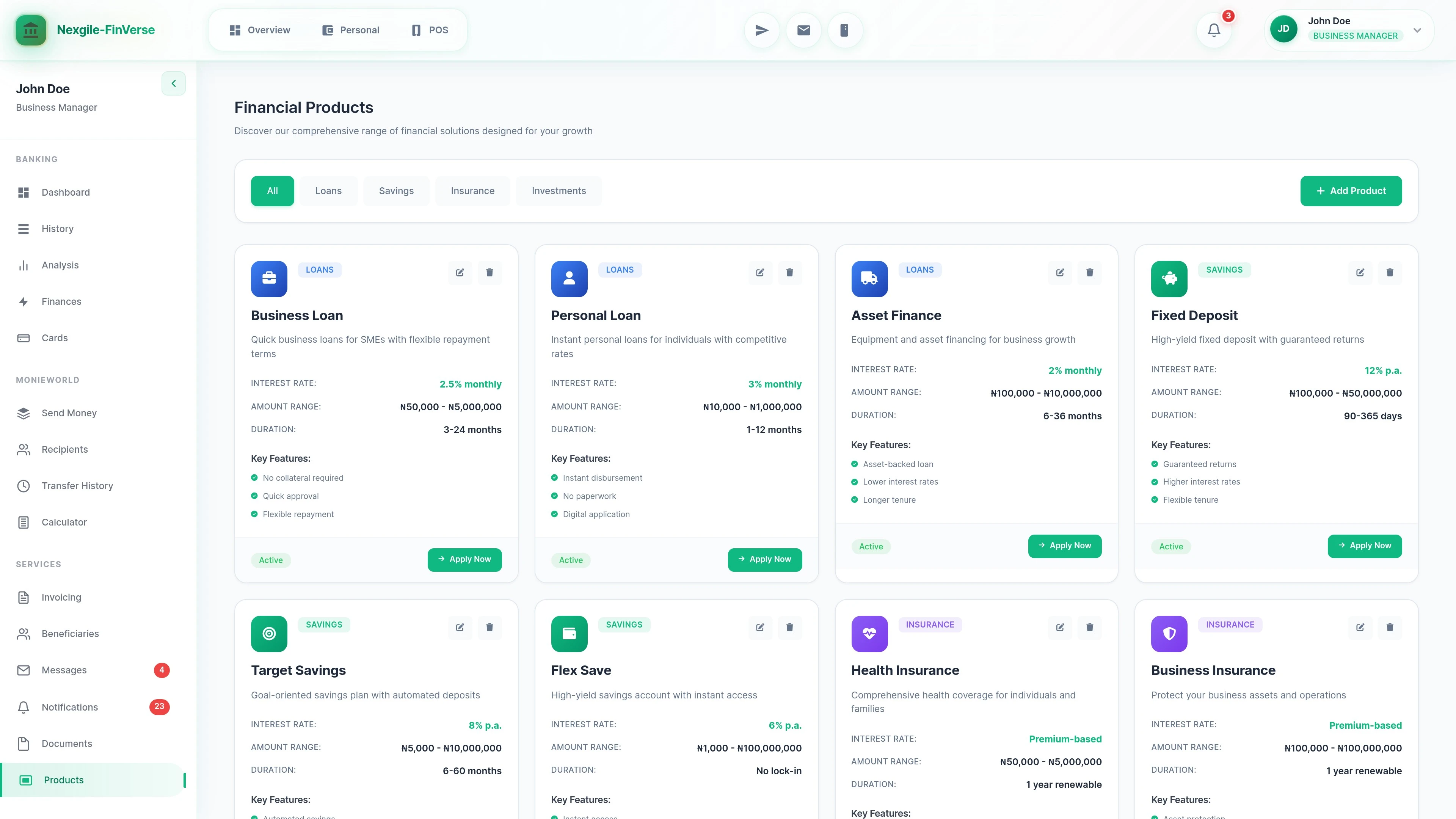 Products catalog - Browse and manage financial products and services