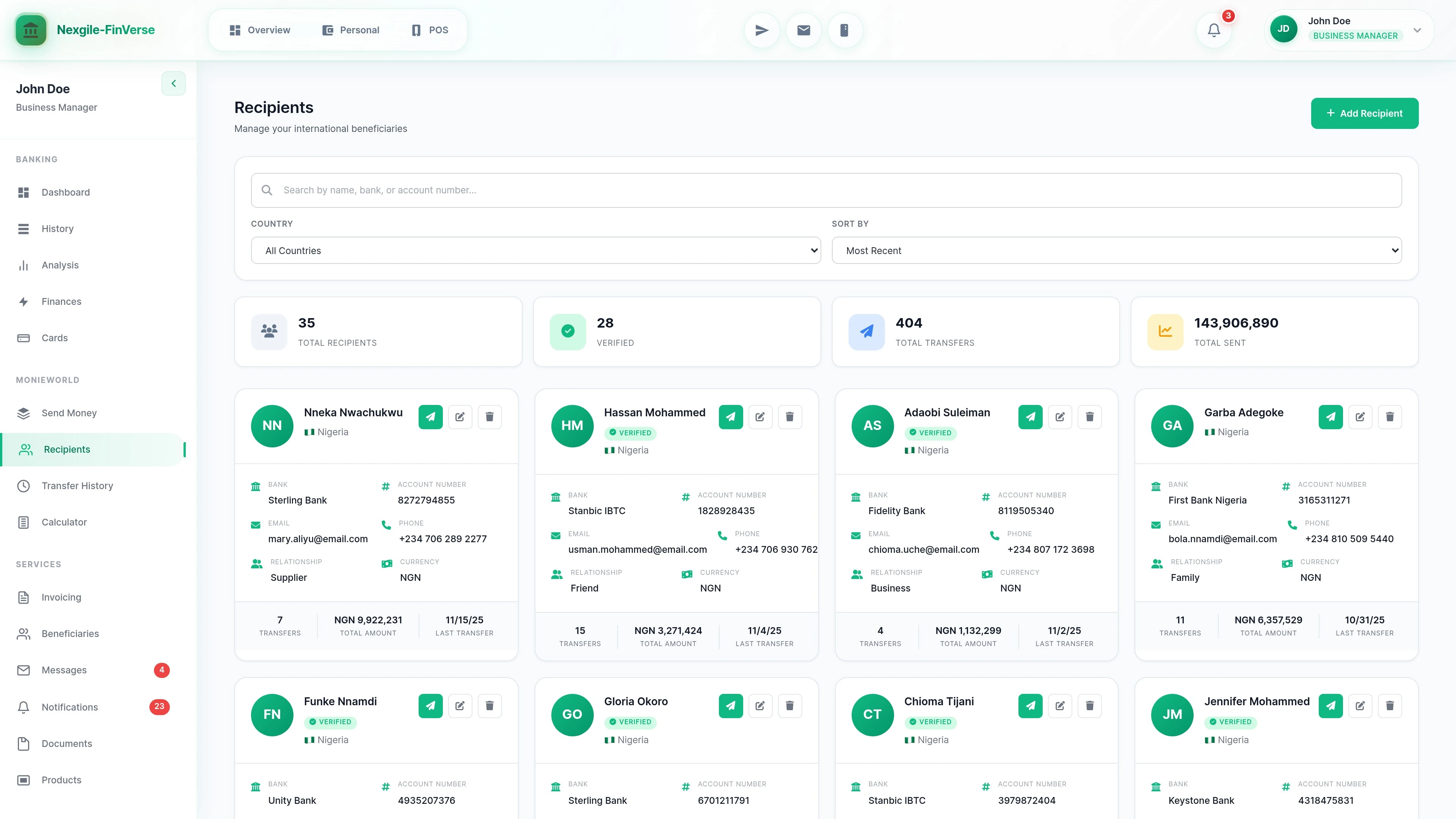 MonieWorld Recipients - International money transfer recipient management