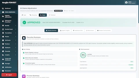 Claims adjudication output displaying an APPROVED decision with 93% confidence score, executive summary of multi-agent consensus, key findings (Member Eligibility Confirmed, Medical Necessity Validated, Pricing Rules Applied), and comprehensive risk assessment with fraud detection and compliance status