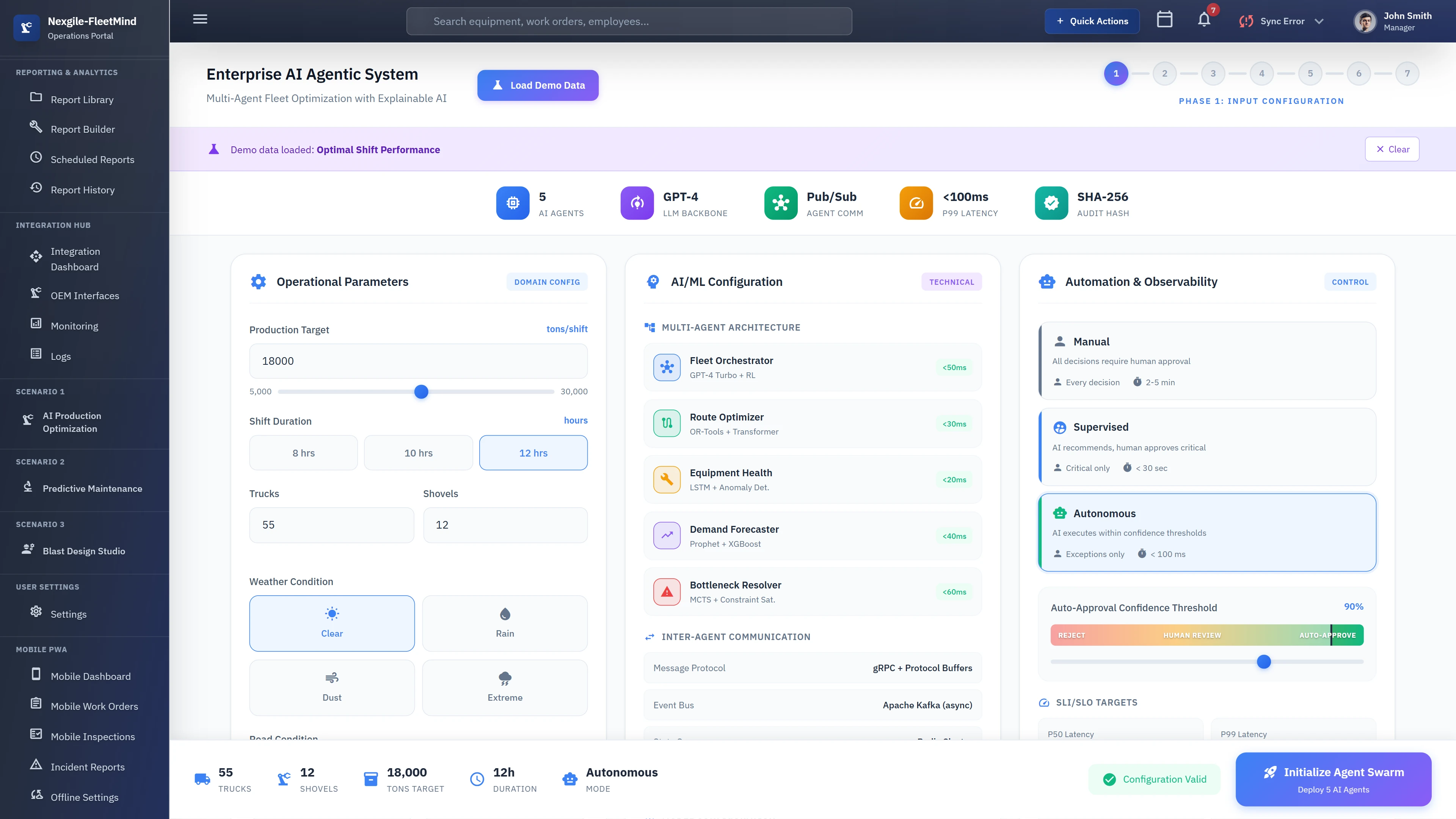 Input Configuration phase showing operational parameters setup with production targets, shift duration, fleet sizing, multi-agent architecture configuration featuring 5 AI agents, and automation controls with adjustable auto-approval confidence thresholds.