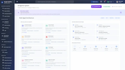 Multi-Agent Architecture dashboard displaying 10 specialized AI agents including Orchestrator, Sensor Analyst, Pattern Matcher, Risk Assessor, Schedule Optimizer, Cost Analyst, Integration Coordinator, Digital Twin, Sustainability Analyst, and Fleet Intelligence with system specifications and processing pipeline stages.