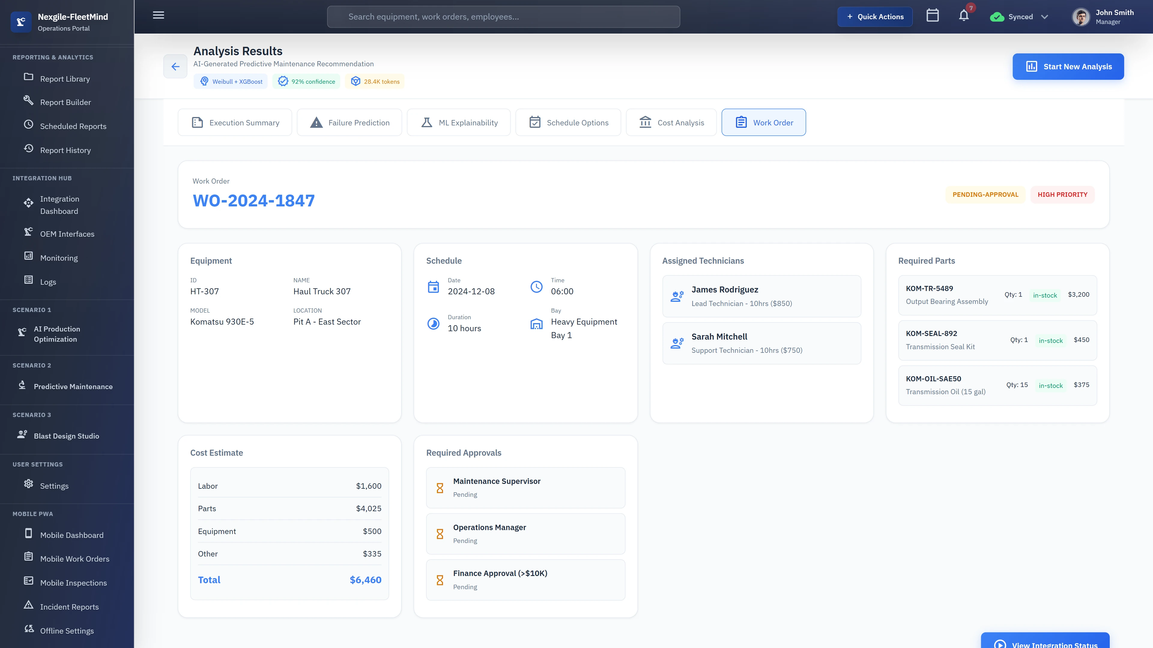 Work Order generation screen displaying AI-generated maintenance work order with equipment details, optimized scheduling, assigned technicians with labor costs, required parts inventory with pricing, itemized cost estimates, and multi-level approval workflow status.