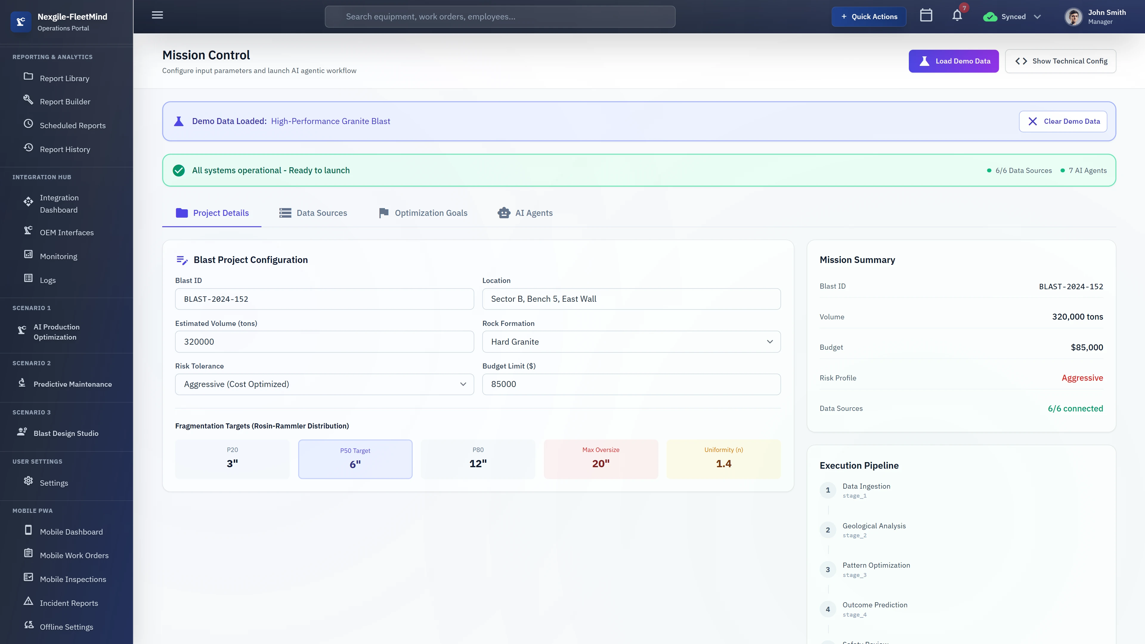 Mission Control interface showing blast project configuration with blast ID, location, estimated volume, rock formation selection, risk tolerance settings, budget limits, fragmentation targets using Rosin-Rammler distribution parameters, mission summary panel, and execution pipeline stages.