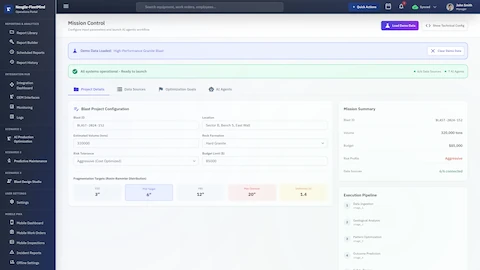 Mission Control interface showing blast project configuration with blast ID, location, estimated volume, rock formation selection, risk tolerance settings, budget limits, fragmentation targets using Rosin-Rammler distribution parameters, mission summary panel, and execution pipeline stages.