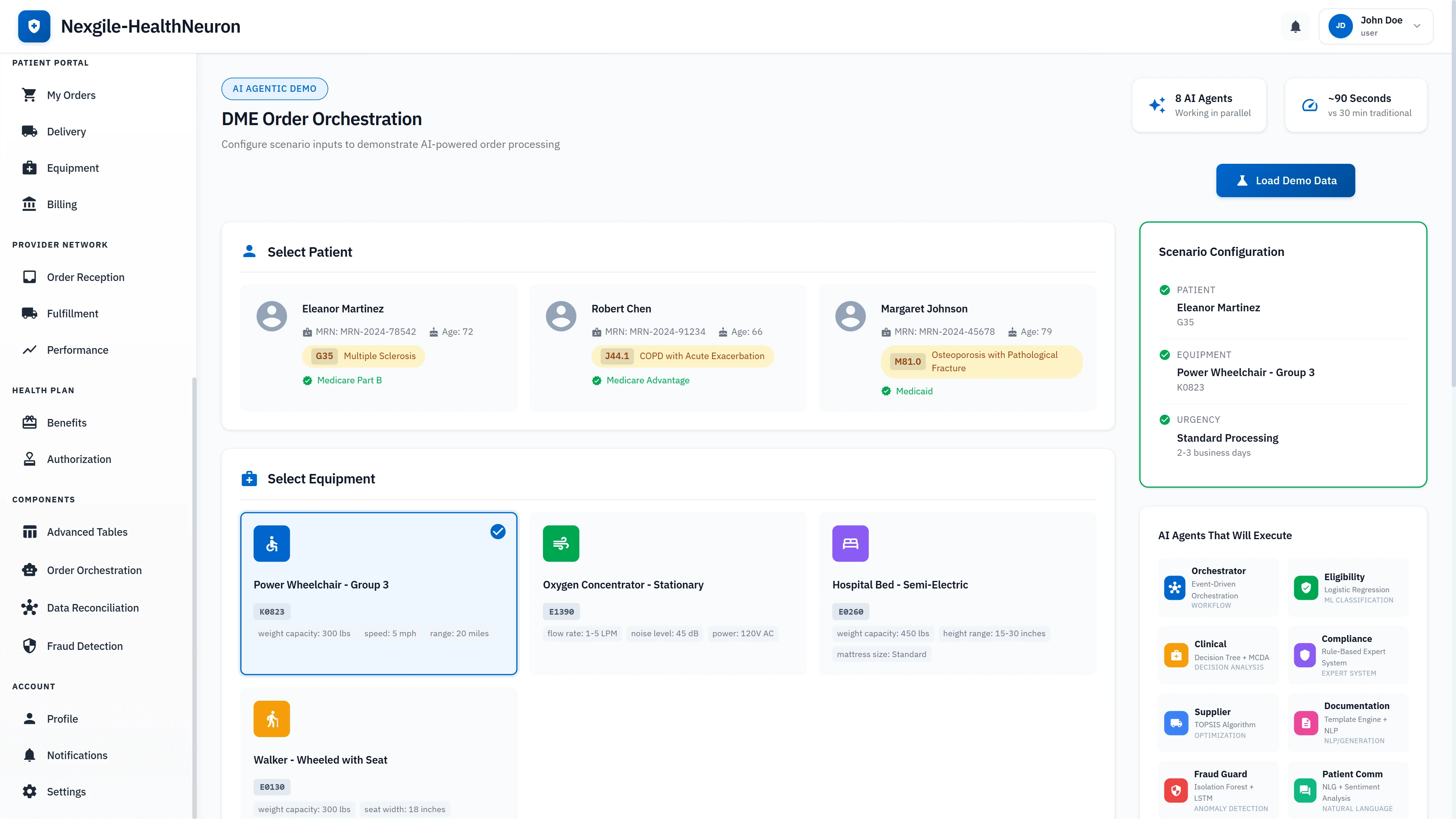 DME Order Orchestration configuration screen showing patient selection, equipment catalog, and 8 AI agents ready to process orders with sub-2-minute processing time