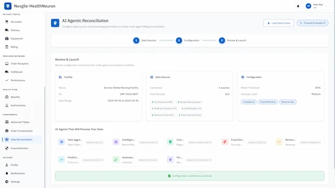 Multi-agent reconciliation setup wizard displaying data source connections from 6 systems including EMR and billing platforms, facility configuration, and 8 AI agents ready to process reconciliation