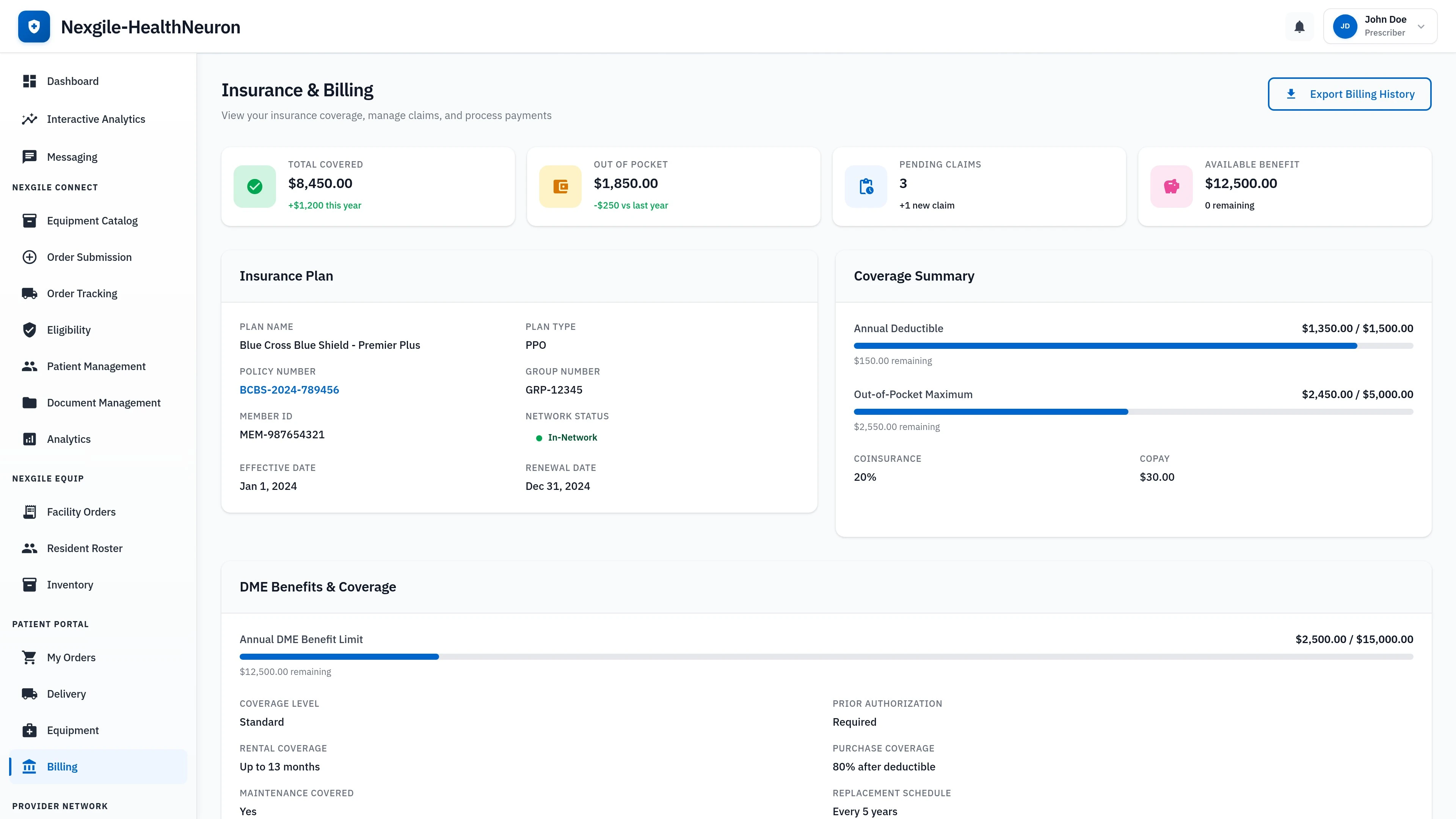 Patient Portal - Insurance & Billing section showing transparent coverage details and billing information