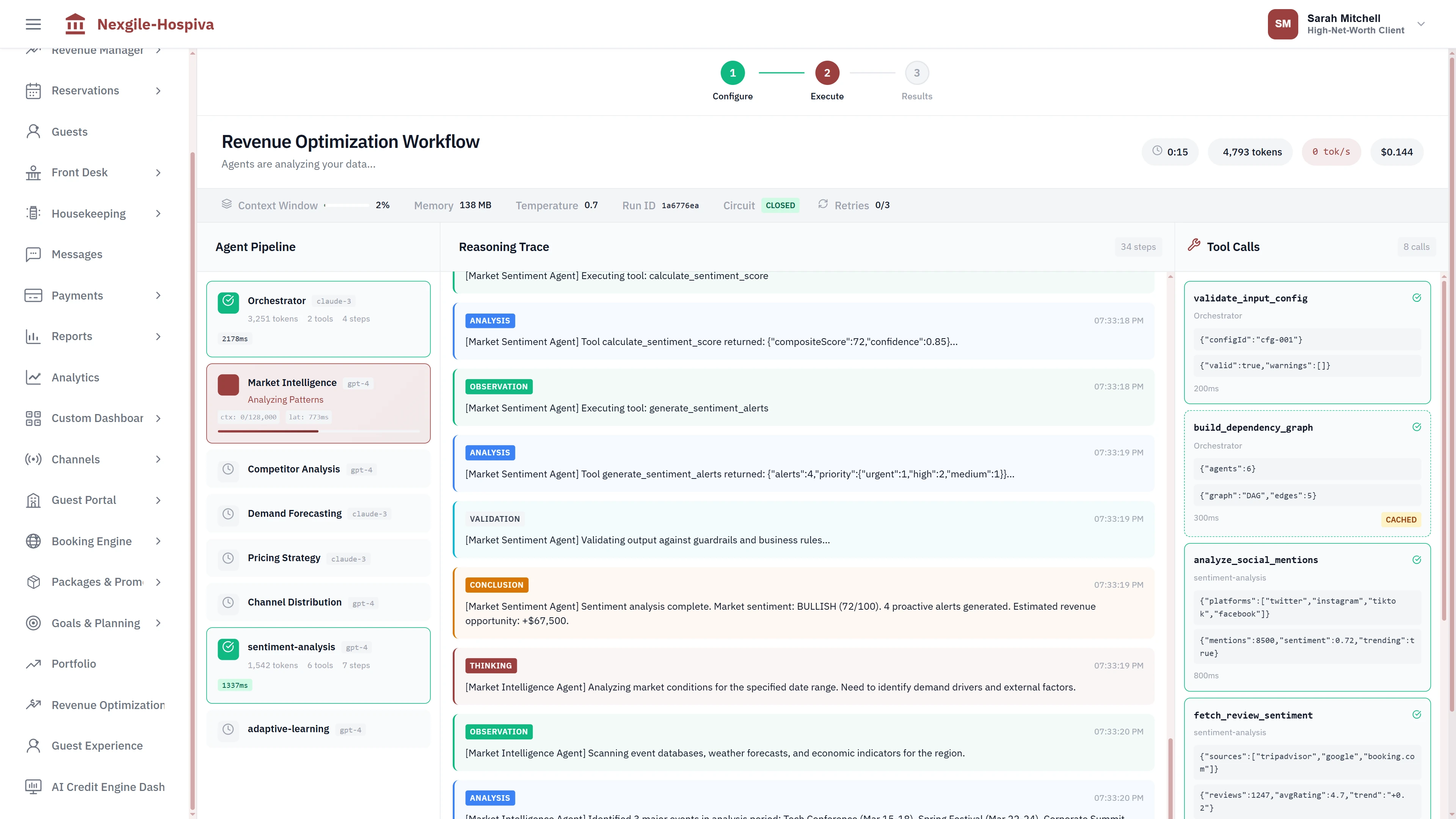 Revenue optimization workflow execution with agent pipeline, real-time reasoning traces, and tool invocation monitoring