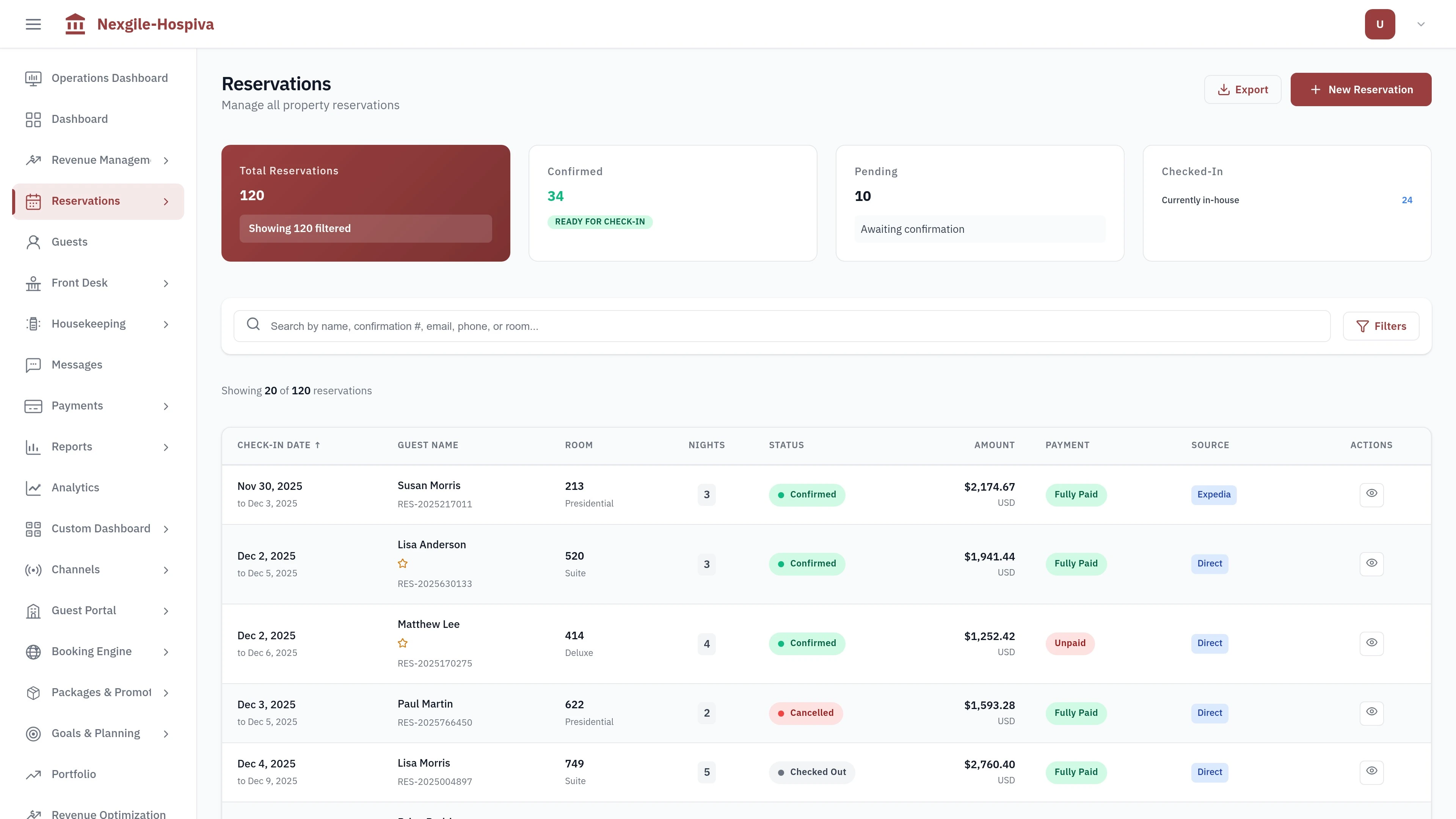 Nexgile-Hospiva Hub - Reservations List View