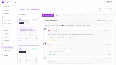 AI Agents analysis dashboard showing real-time chain-of-thought reasoning traces, credit intelligence and fraud detection results with confidence scores, token usage metrics, and orchestrator workflow coordination during loan processing