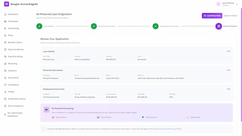 Loan application review interface showing multi-step wizard with loan details, personal information, employment and income verification displaying applicant data including $125,000 annual income and 34% DTI ratio, with AI-powered processing stages indicator and authorization consent