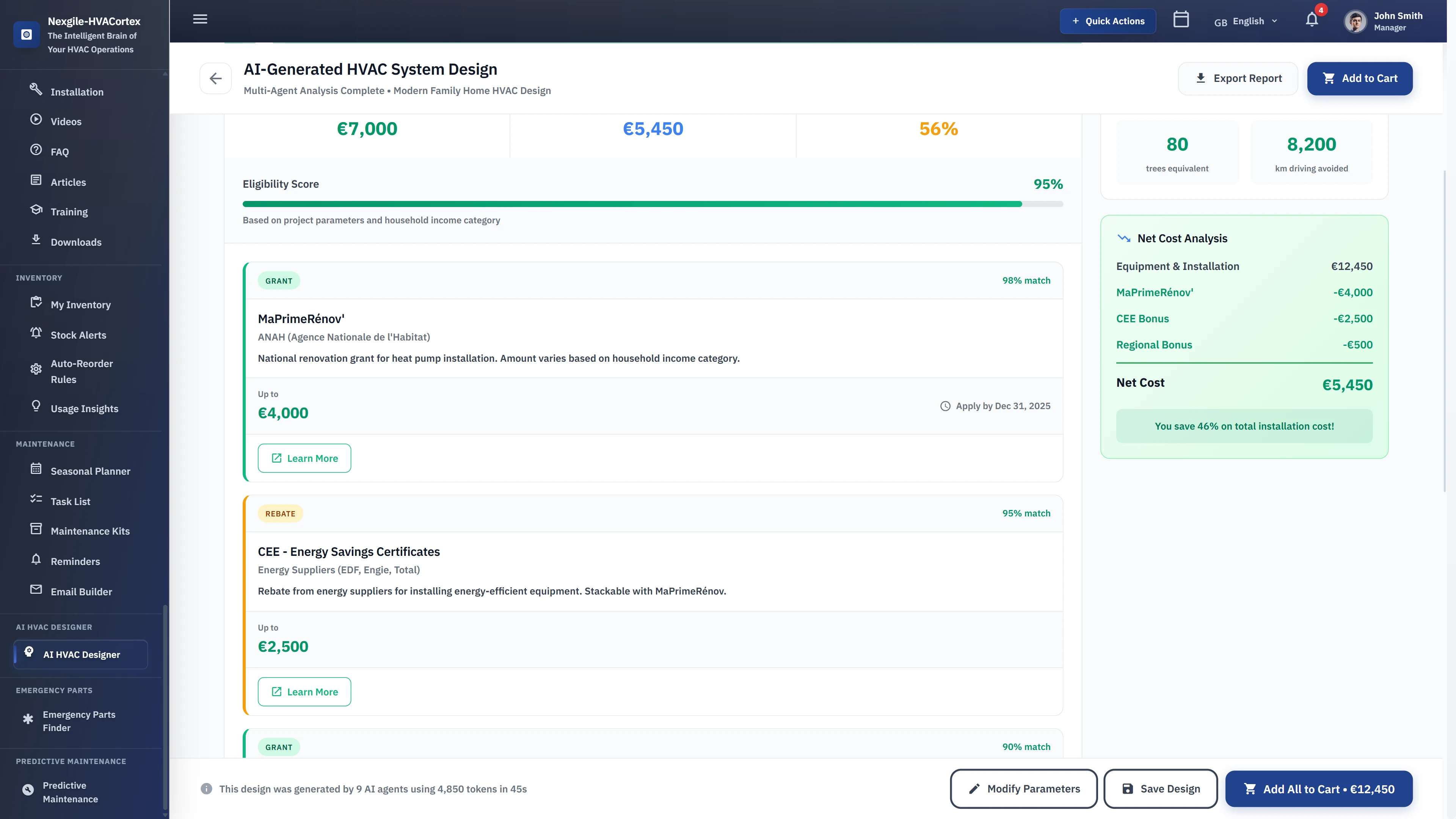 Incentives & Rebates Analysis - Available grants (MaPrimeRénov', CEE certificates) with 95% eligibility scoring and 46% cost savings calculation