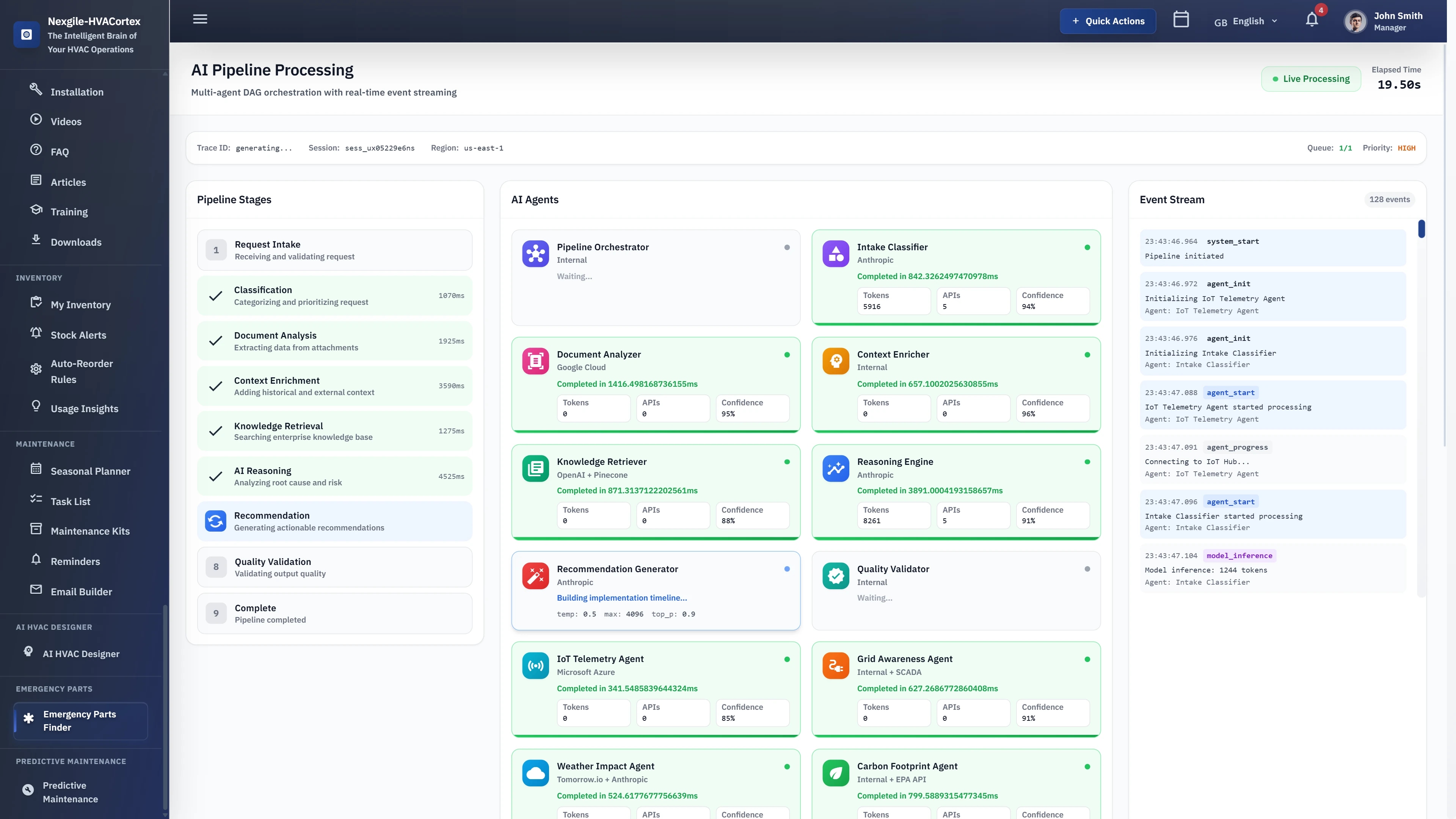 AI Pipeline Processing - Multi-agent DAG orchestration with real-time event streaming showing pipeline stages and agent execution status