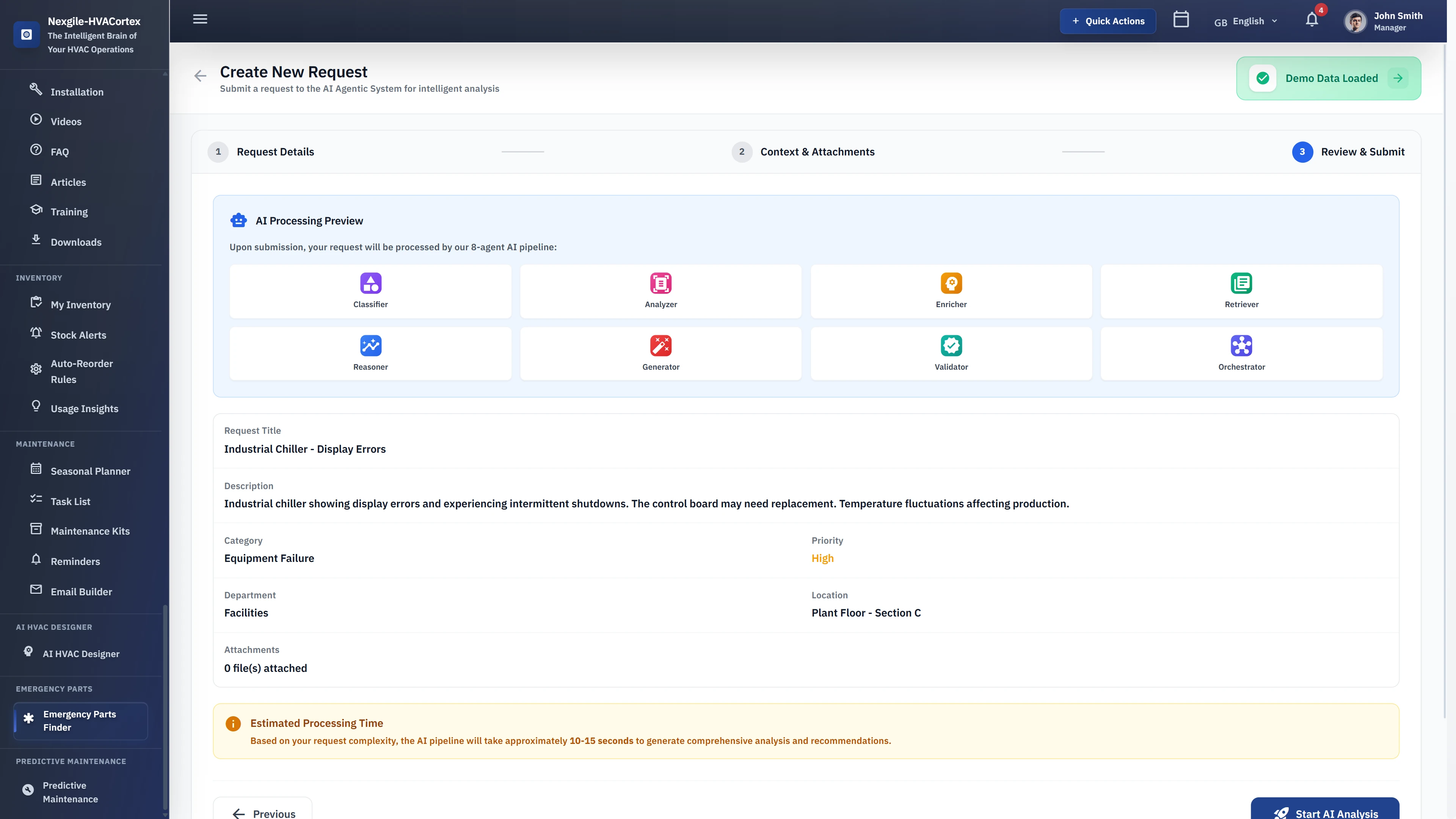 Review & Submit - Request preview showing 8-agent AI pipeline visualization, request details summary, and estimated processing time