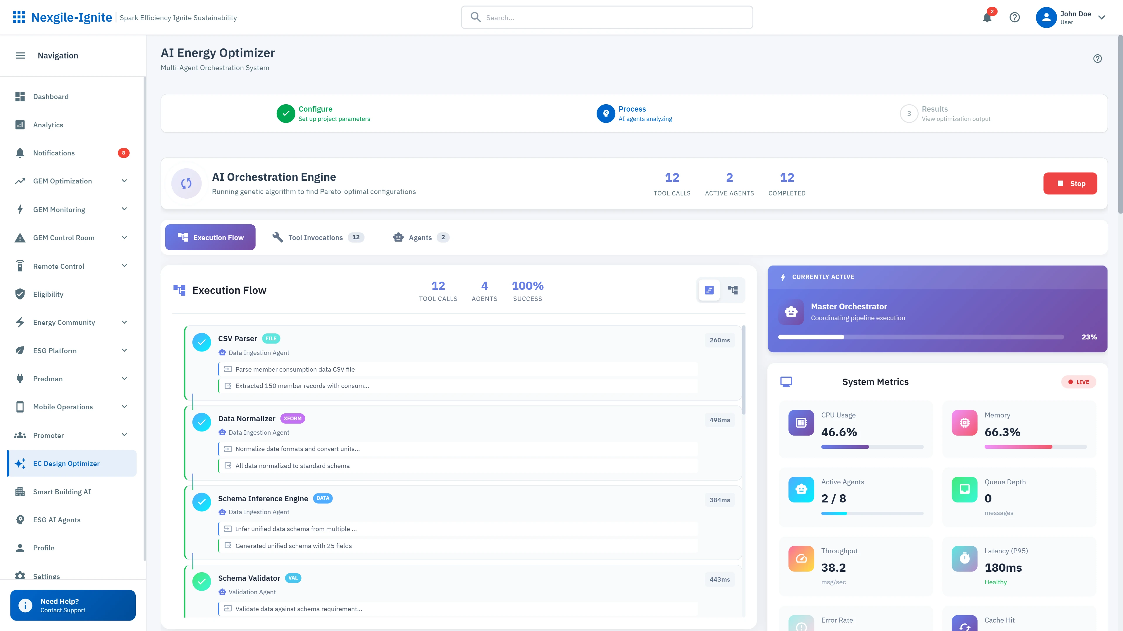 AI Orchestration Engine - Real-time execution flow showing agent coordination with system metrics and performance indicators