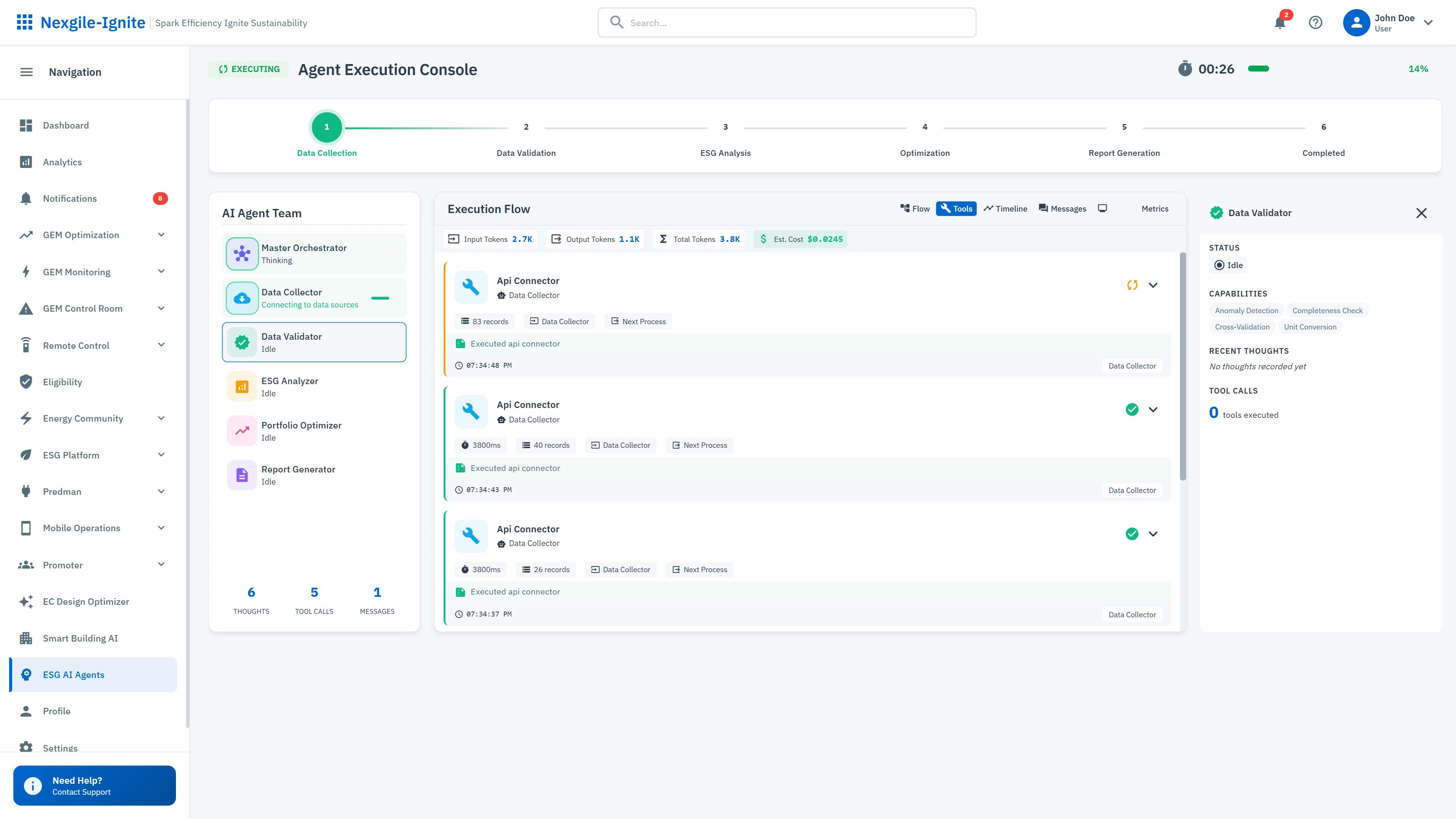 Agent Execution Console - Live workflow monitoring showing multi-agent collaboration through data collection and ESG analysis phases