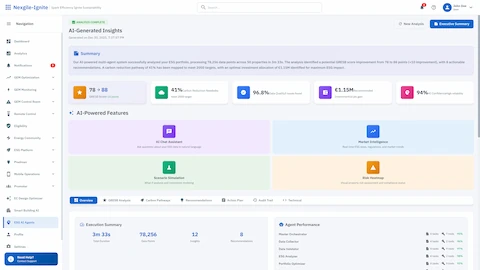 AI-Generated ESG Insights - Comprehensive analysis summary with property assessments, key metrics, and AI-powered feature recommendations