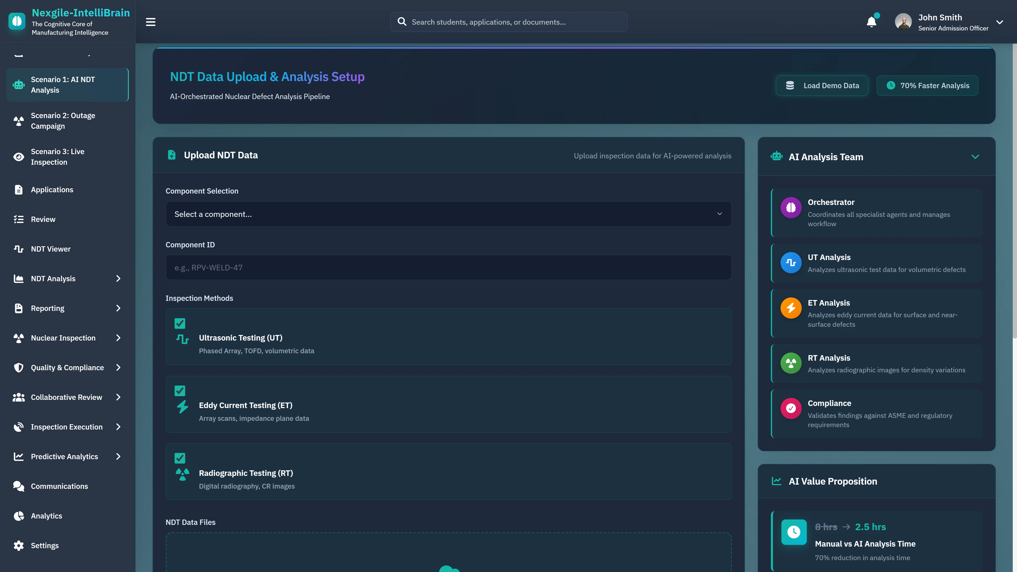 NDT Data Upload & Analysis Setup - Configure component selection, inspection methods (UT, ET, RT), and view AI Analysis Team agents ready for multi-method defect analysis