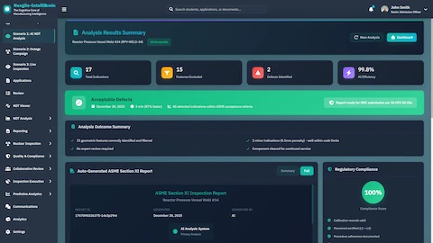 Analysis Results Summary - Defect classification results showing 17 total indications, 15 features excluded, 2 defects identified with 99.8% AI efficiency and ASME Section XI compliance