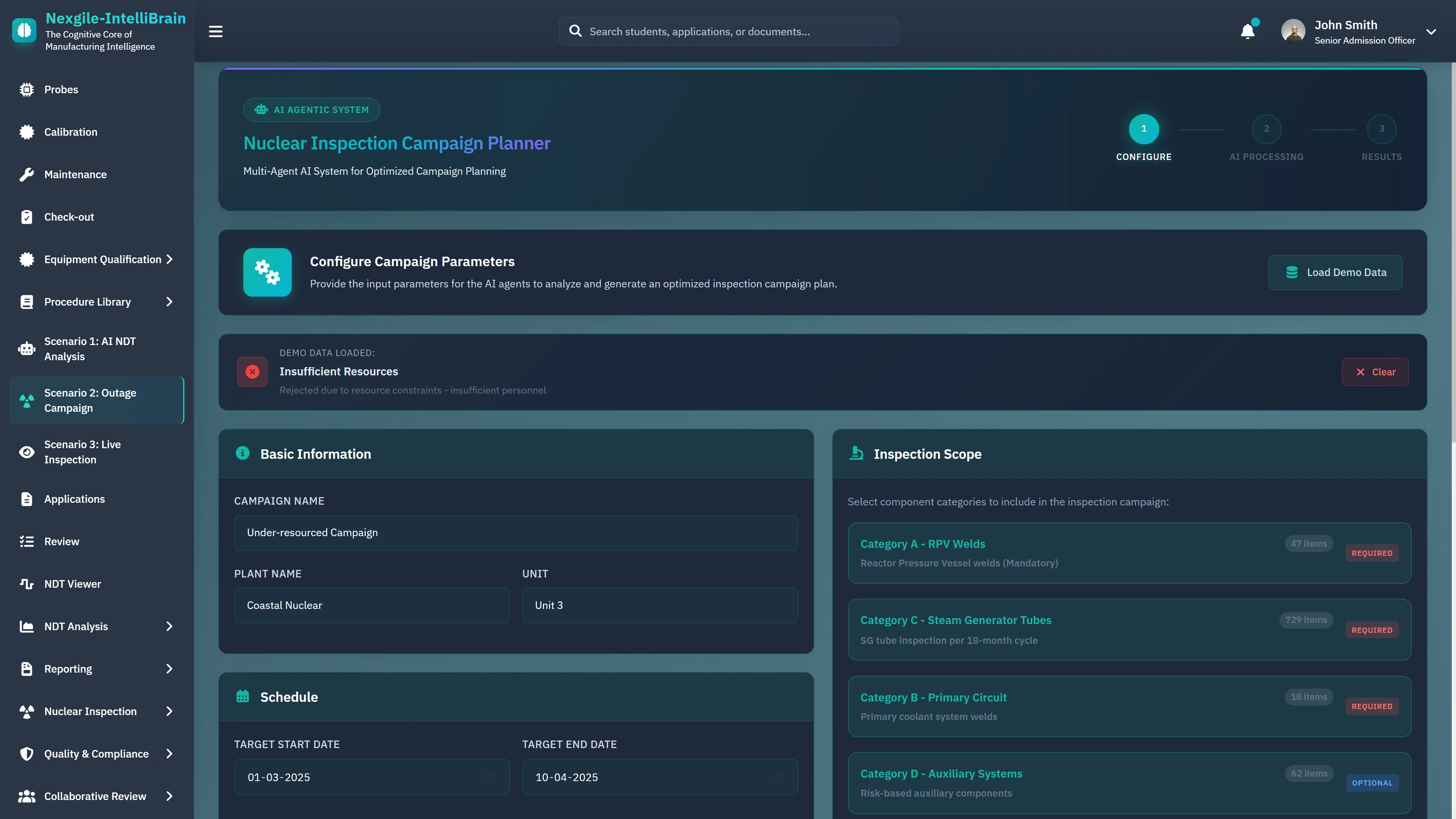 Nuclear Inspection Campaign Planner - Configure campaign parameters including basic information, schedule dates, and inspection scope across RPV welds, steam generators, and primary circuit components