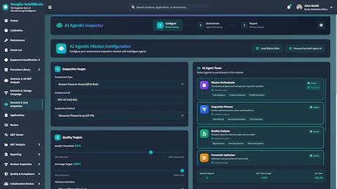 AI Agentic Mission Configuration - Setup autonomous inspection mission with target component selection, quality thresholds, and AI Agent Team including Mission Orchestrator, Planner, Analyzer, and Optimizer