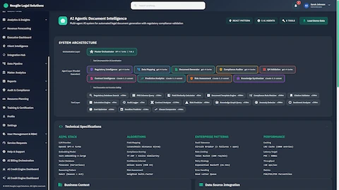 System Architecture Overview - Multi-agent AI document intelligence framework displaying Master Orchestrator, 10 specialized agents (Regulatory Intelligence, Data Mapping, Document Generator, Compliance Auditor, QA Validation, Contract Intelligence, Predictive Analytics, Risk Assessment, Knowledge Synthesizer), tool layer with 16 function-calling tools, and technical specifications for AI/ML stack, algorithms, enterprise patterns, and performance metrics