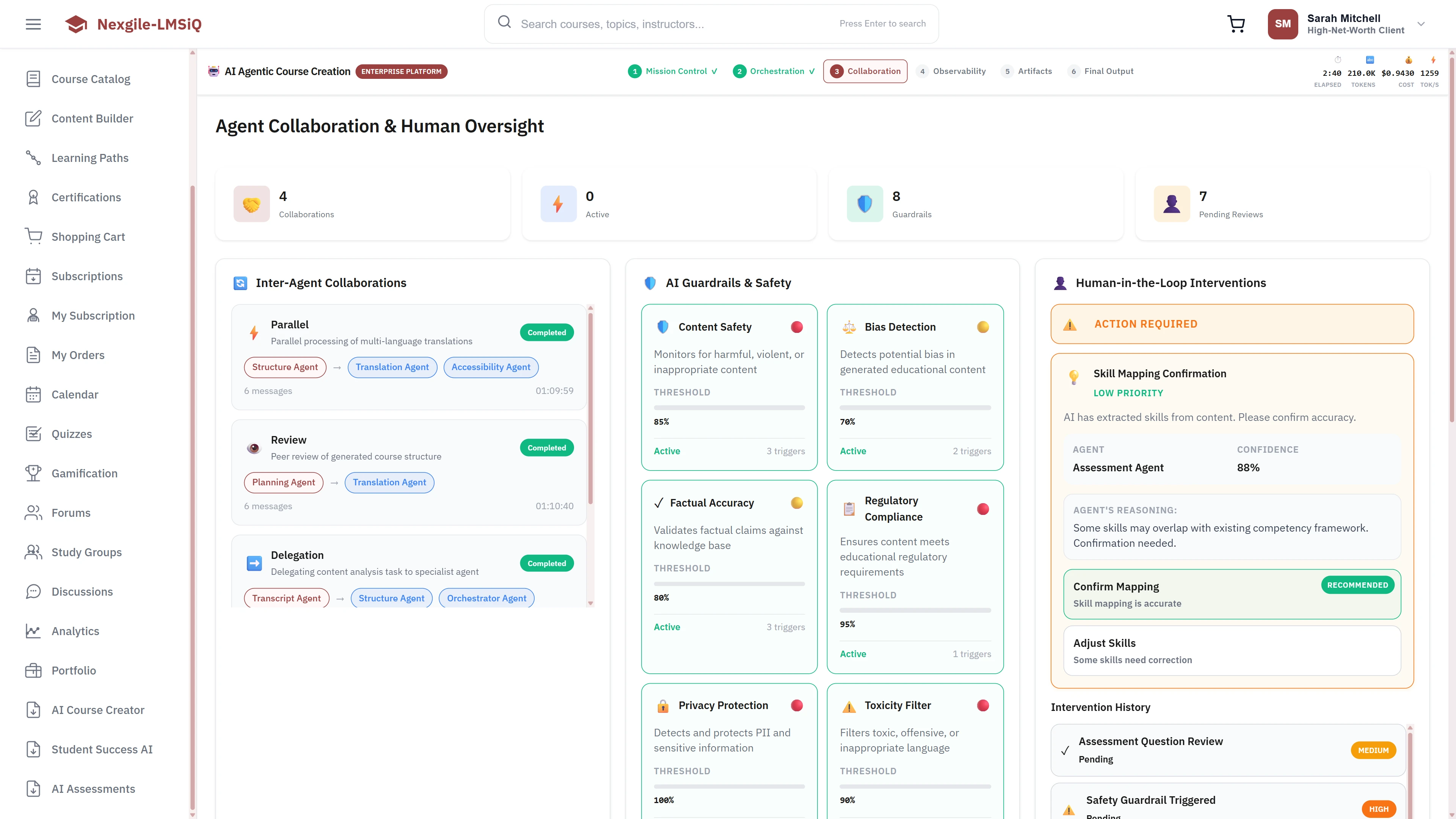 Agent Collaboration & Human Oversight - Inter-agent collaborations, AI Guardrails & Safety checks (content safety, bias detection, factual accuracy, compliance), and Human-in-the-Loop interventions