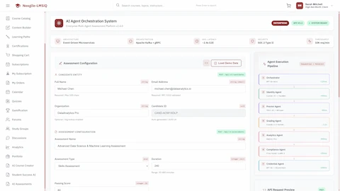 AI Agent Orchestration System - Assessment Configuration with candidate profile, assessment name, assessment type, passing score, and Agent Execution Pipeline preview