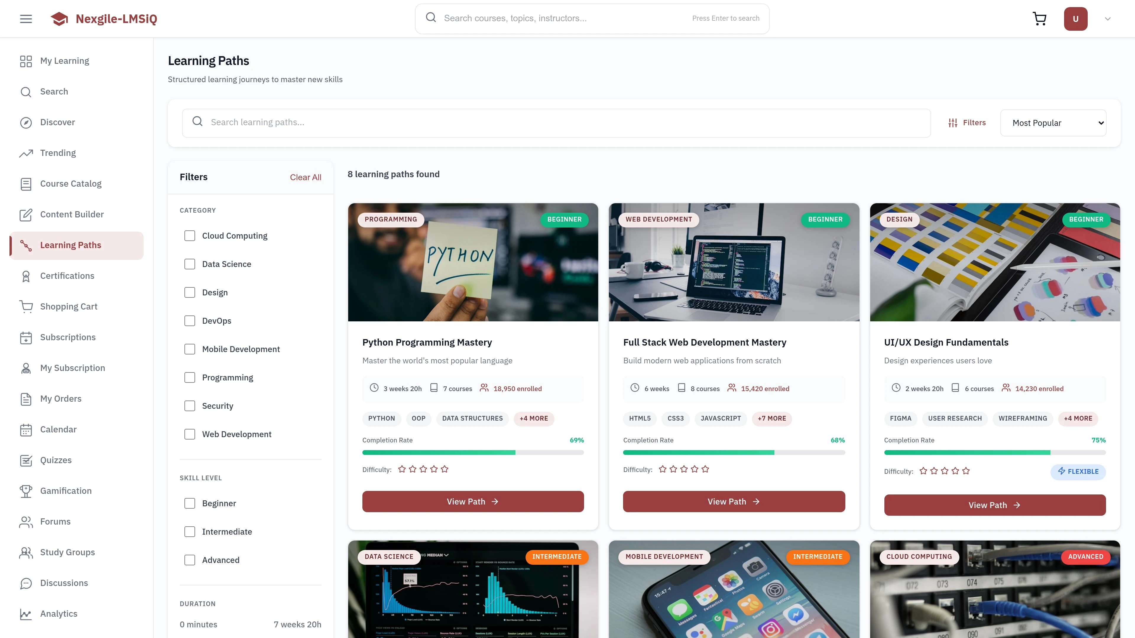 Learning Paths screen showing structured course progression and personalized learning dashboard