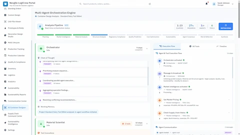 Multi-Agent Orchestration Engine showing real-time analysis pipeline with Orchestrator and Material Scientist agents, chain-of-thought reasoning, and inter-agent communication
