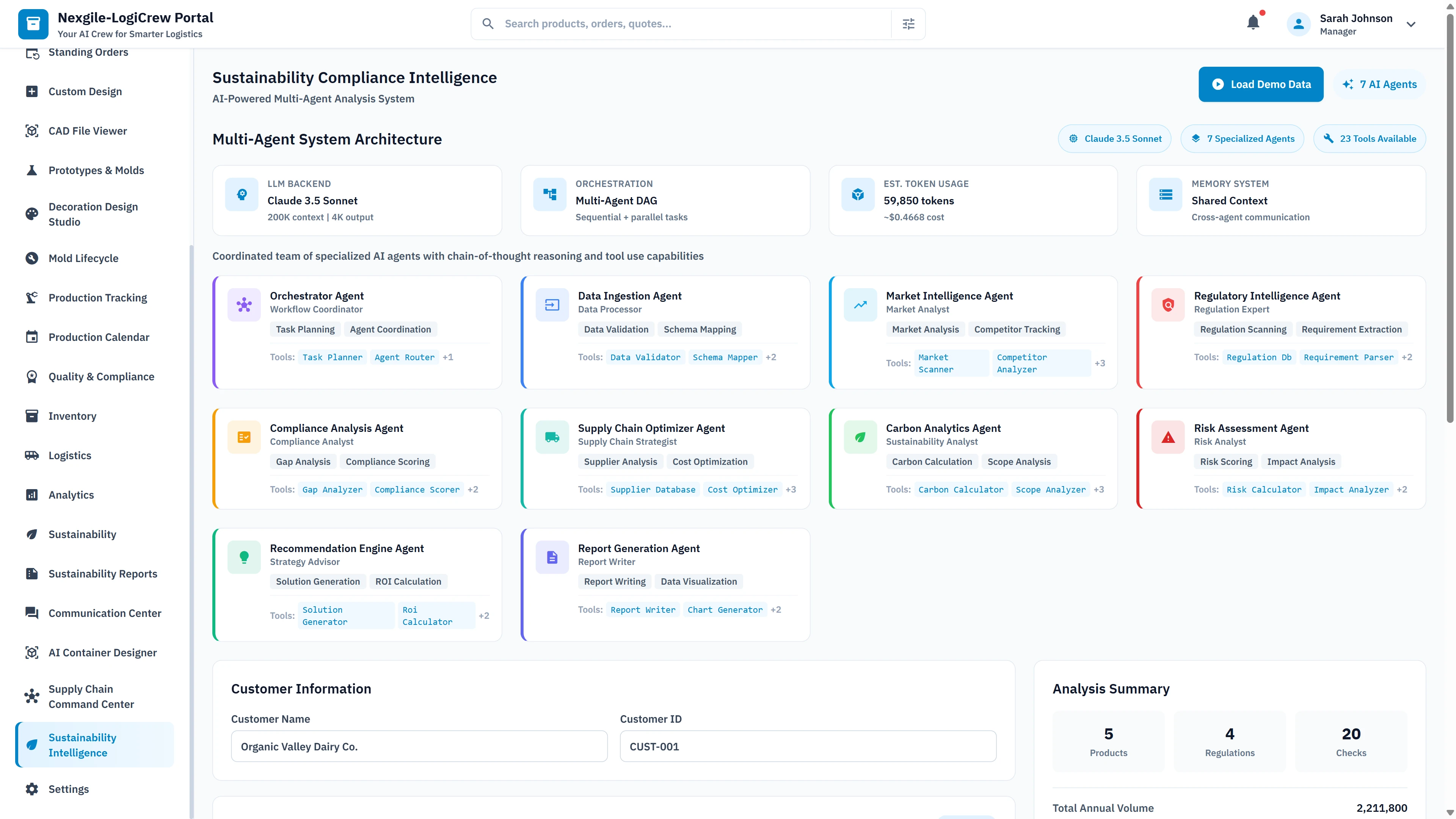 Multi-Agent System Architecture overview displaying 10 specialized agents with Claude 3.5 Sonnet backbone, shared context memory, and analysis summary metrics