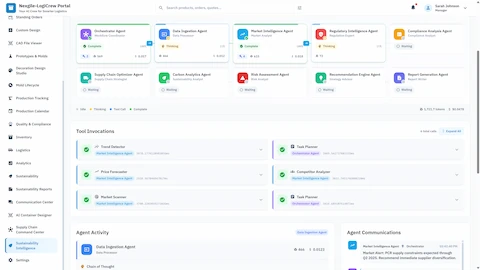 Real-time agent execution dashboard with status indicators for all 10 agents, tool invocations panel, and inter-agent communication logs