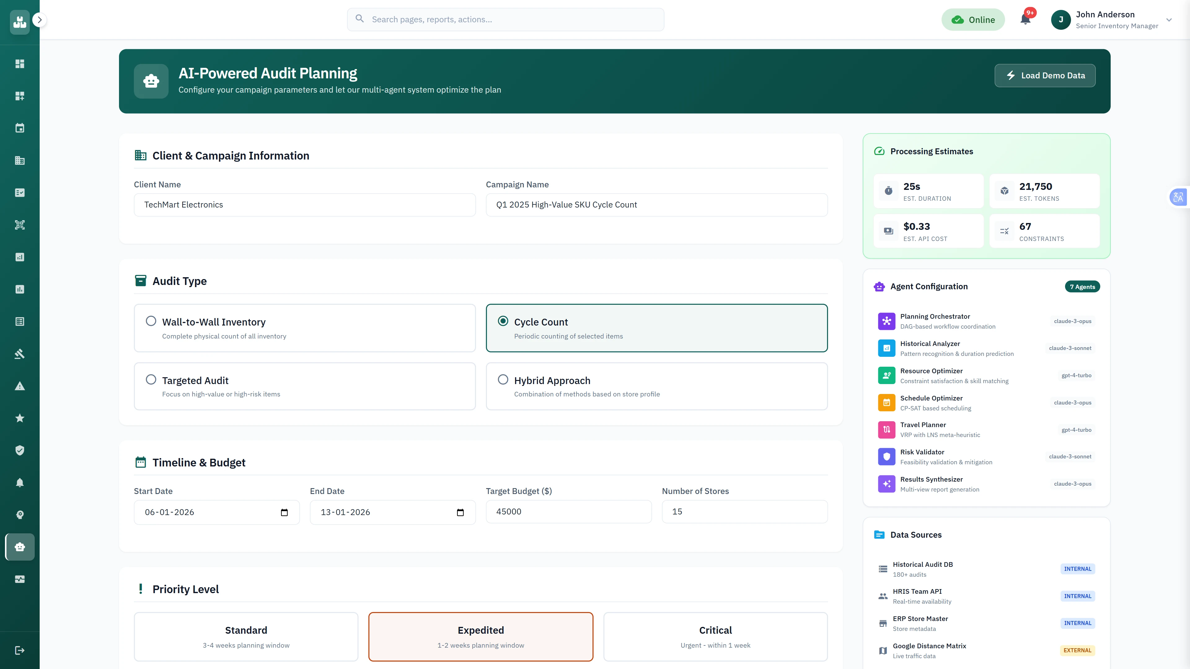 Campaign configuration interface with audit type selection, timeline parameters, and 7-agent AI orchestration setup