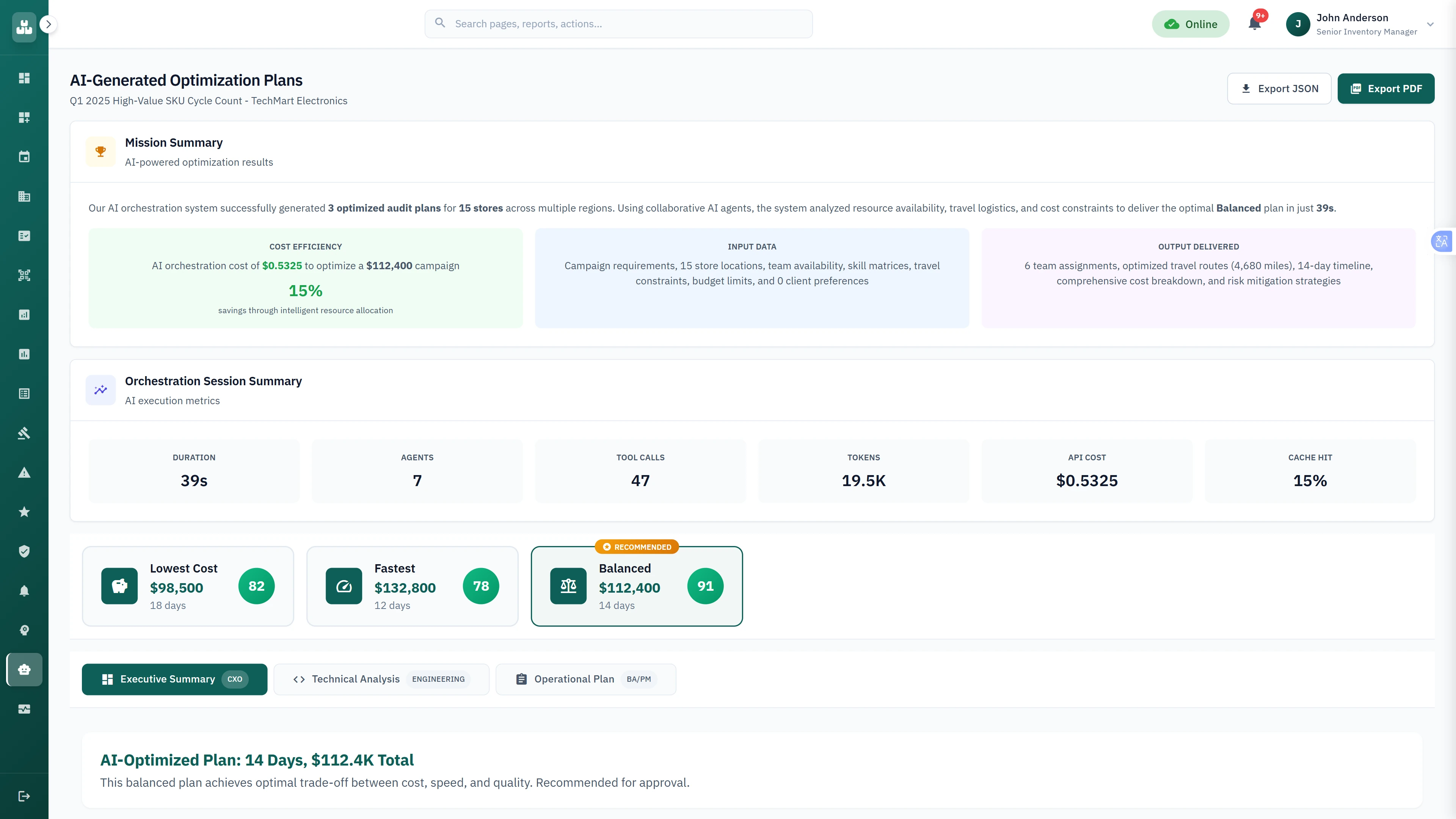 AI-generated optimization plans presenting three alternatives with cost analysis and efficiency metrics