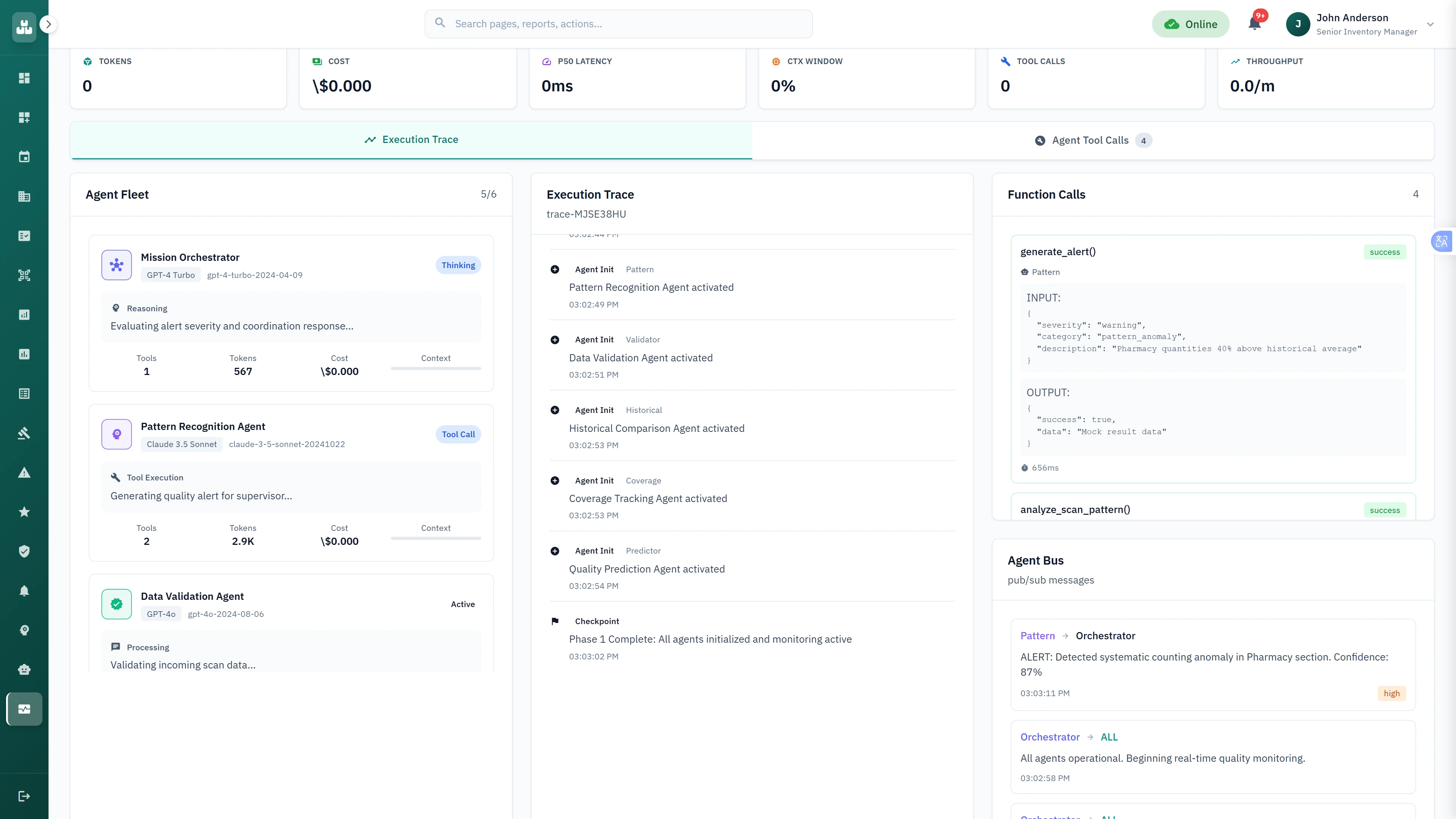 Real-time agent orchestration monitoring with execution traces, function calls, and inter-agent communication